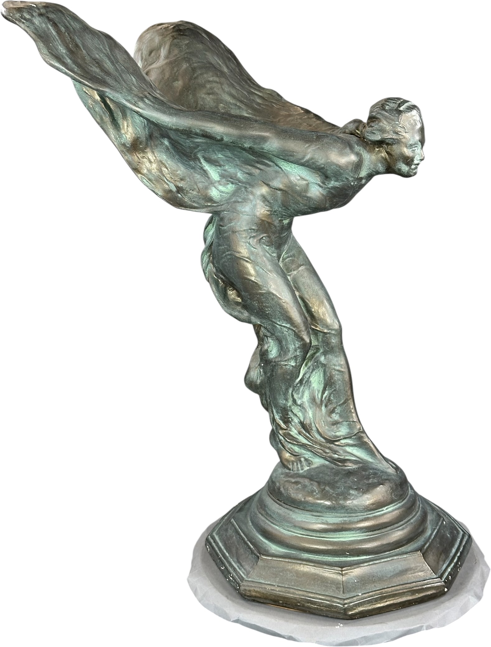 CHARLES SYKES SPIRIT OF ECSTASY PLASTER: 442. CHARLES SYKES SPIRIT OF ECSTASY PLASTER | Heavy plaster example of the famed Rolls-Royce symbol. | 25" h. x 17" d. | Some wear to rear side of figure, overall (Very Good to Excellent Condition)