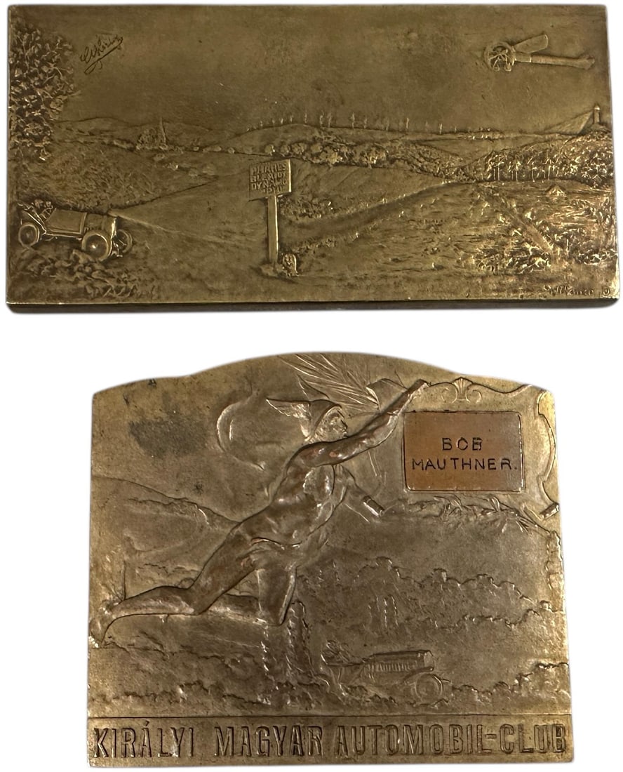 TWO BRONZE AUTOMOBILE PAPERWEIGHT PLAQUES (1 of 3)
