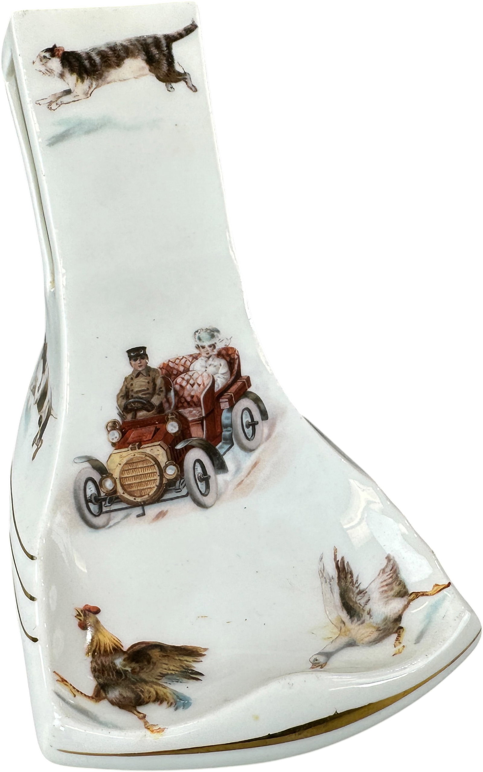 ROSENTHAL KRONACH PORCELAIN SPOON REST: 468. ROSENTHAL KRONACH PORCELAIN SPOON REST | Depictions of an early chauffeur-driven touring automobile and sporting scenes including a running dog, game birds, hunting hounds, and a leaping goat, hi
