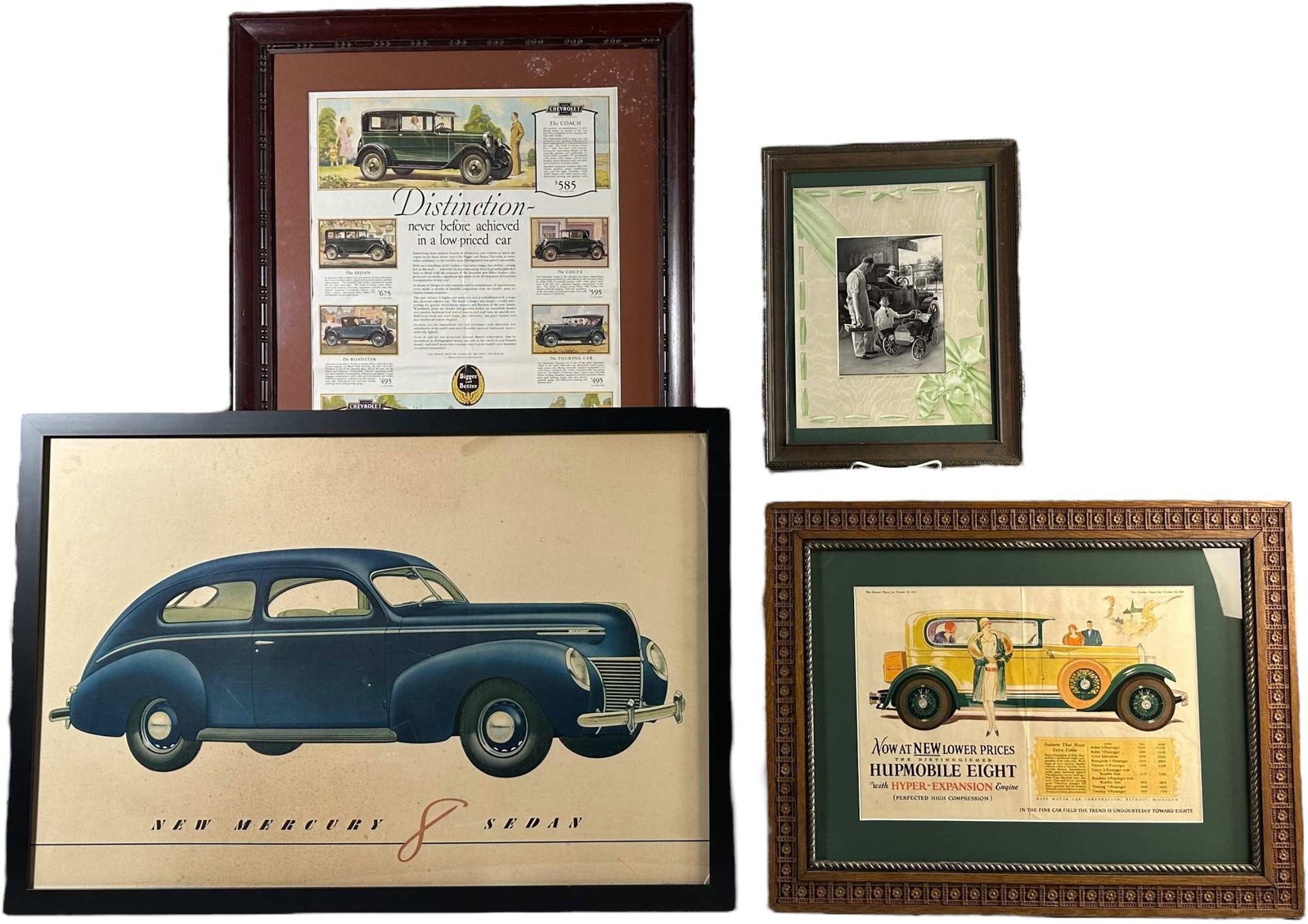 FRAMED AUTOMOBILE ADVERTISEMENTS: 496. FRAMED AUTOMOBILE ADVERTISEMENTS | Includes Chevy color brochure, c. 1927, Mercury 8 Sedan Dealership poster, c. 1939, 1927 paper advertisement for Hupmobile, and a Pedal car/garage/service poste