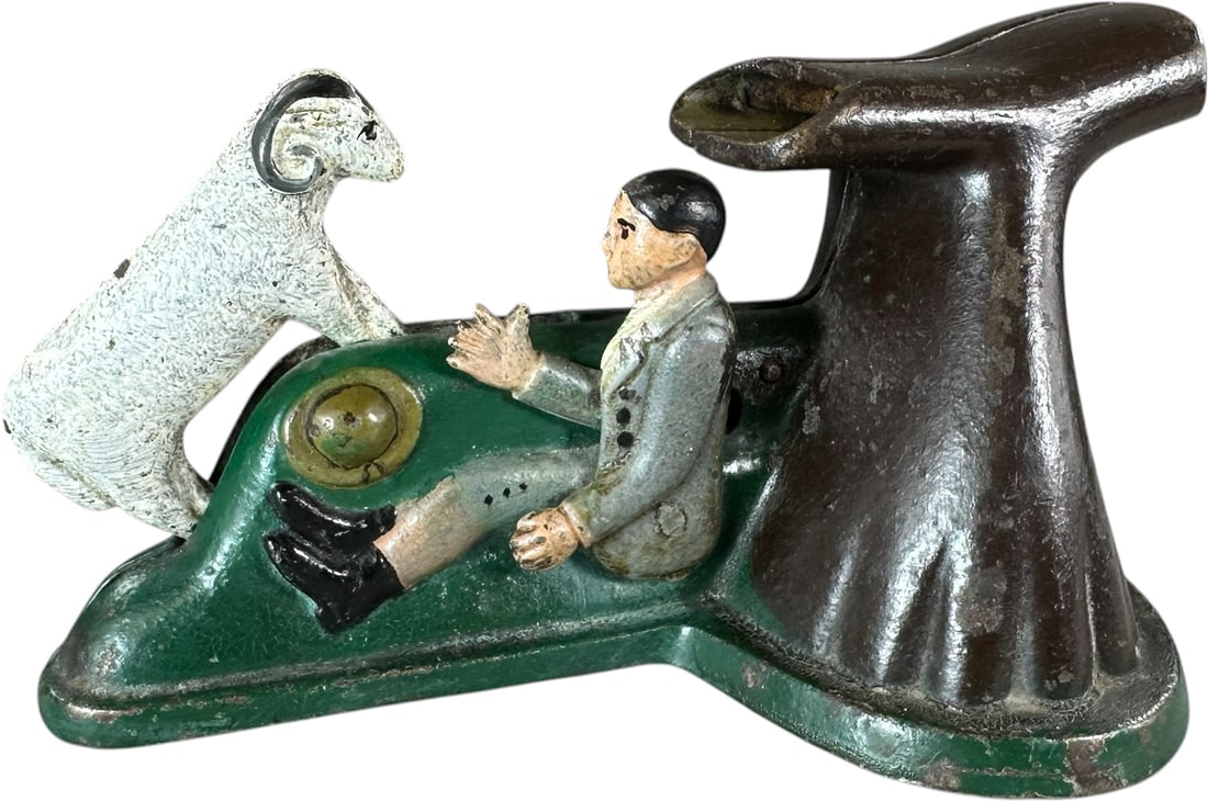 BUTTING RAM - MAN THUMBS UP MECHANICAL BANK: 4. BUTTING RAM - MAN THUMBS UP MECHANICAL BANK | Wagner and Zwiebel Mfg. of Wisconsin. This is the only bank the company produced and is very desirable, hard to find all original condition, especially