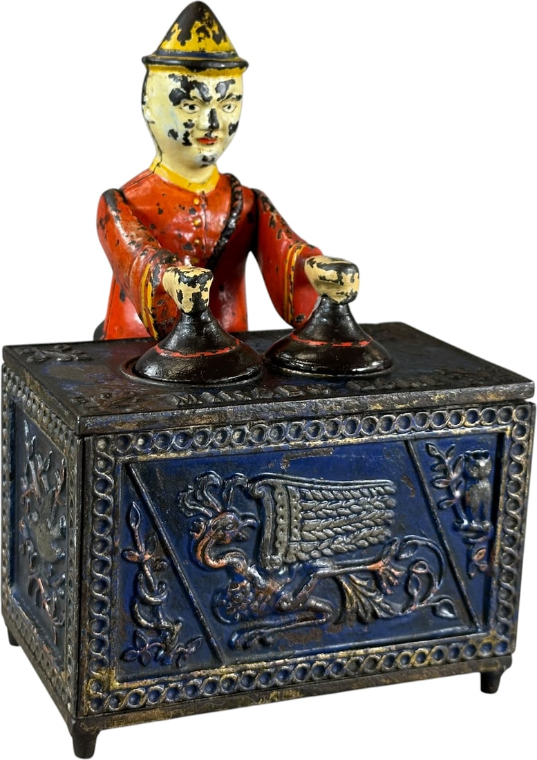 THE MIKADO MECHANICAL BANK: 13. THE MIKADO MECHANICAL BANK | Kyser & Rex Co., circa 1886, blue table version, very rare example of which only a handful or two examples are known, remarkable action, coin deposited involves placin