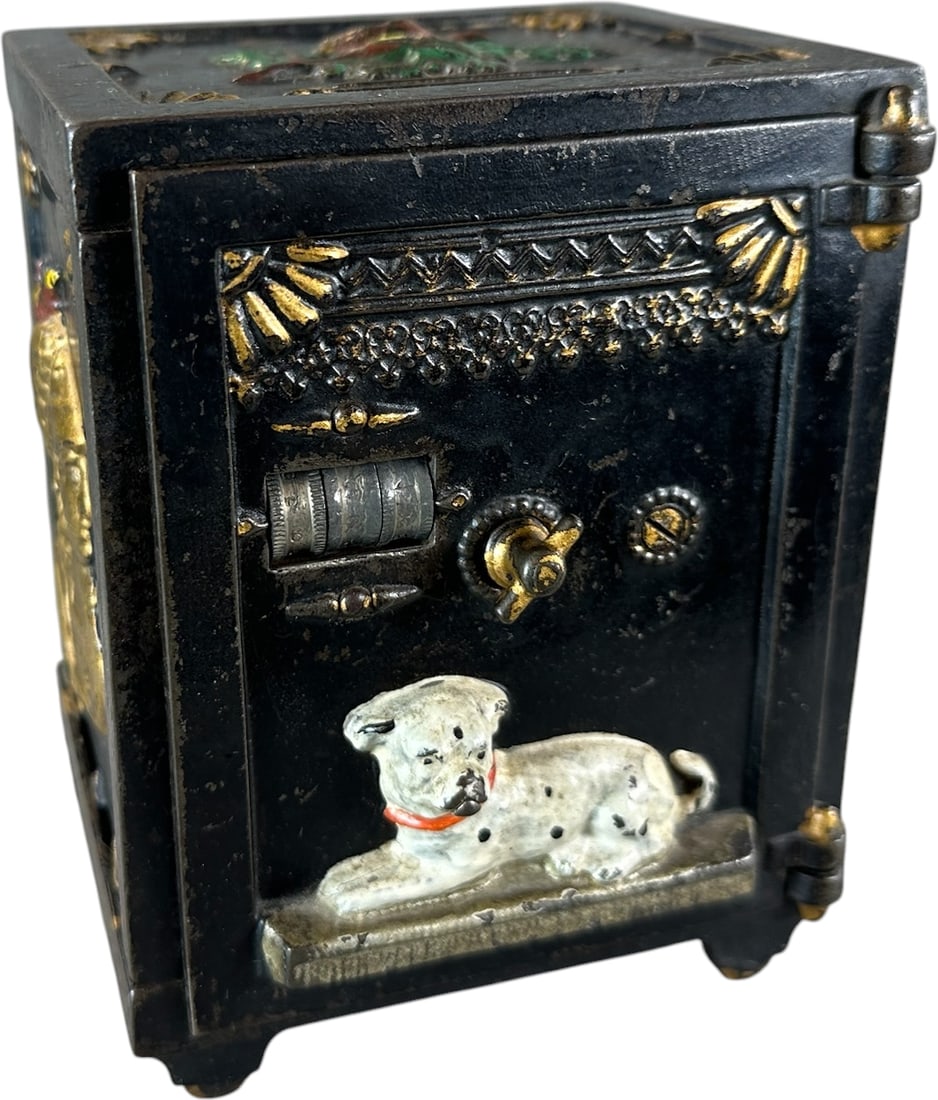 WATCH DOG SAFE MECHANICAL BANK: 104. WATCH DOG SAFE MECHANICAL BANK | J&E Stevens Co. Provenance: The Robert Booth Jr. Collection. | 6" h. | Has complete mechanism but is missing the bellows, paint is all original in (Very Good to