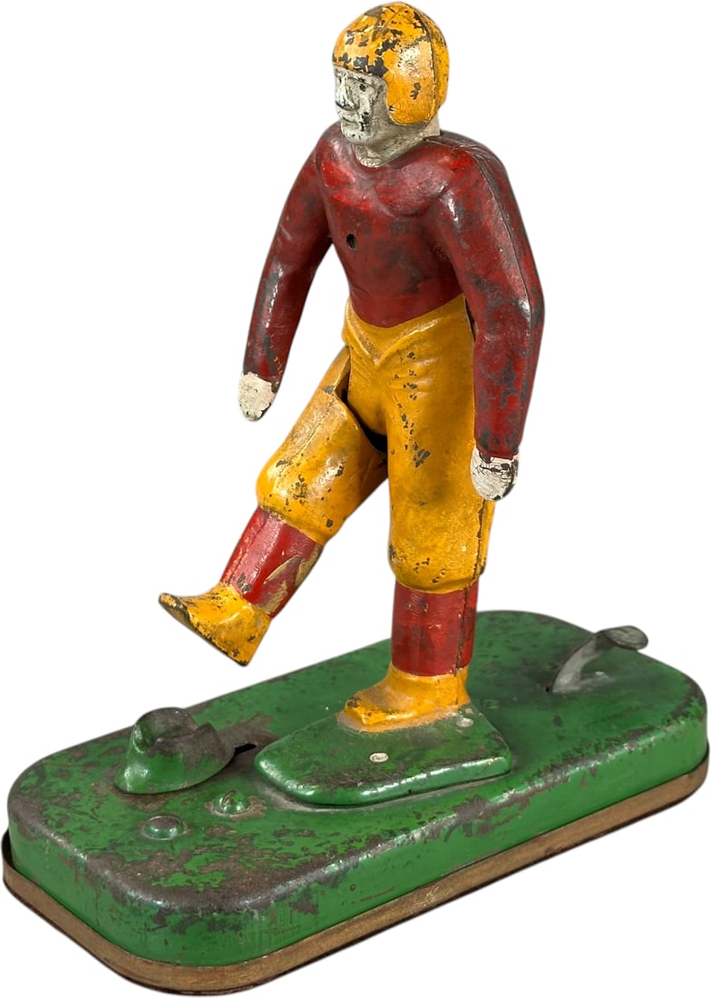 WOOLSEY MECHANICAL FOOTBALL KICKER: 107. WOOLSEY MECHANICAL FOOTBALL KICKER | Provenance: The Robert Booth Jr. Collection. | 8.5" h. | (Very Good to Excellent Condition) | $200 - $400
