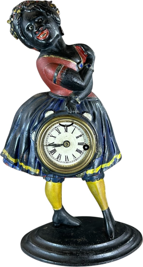 TOPSY BLINKING EYE CLOCK: 111. TOPSY BLINKING EYE CLOCK | Bradley and Hubbard, circa 1880's. Ex: The Bob Brady Collection. | CULTURAL DISCLAIMER: Certain antique and vintage items in this sale include imagery or themes that re