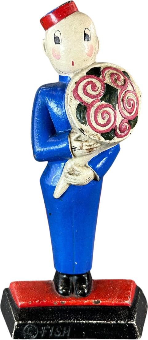 HUBLEY MESSENGER BOY DOORSTOP: 117. HUBLEY MESSENGER BOY DOORSTOP | One of a series of six designed and signed "? FISH 249", classic art deco molding depicting boy holding bouquet of flowers on red and black base, one of the best c