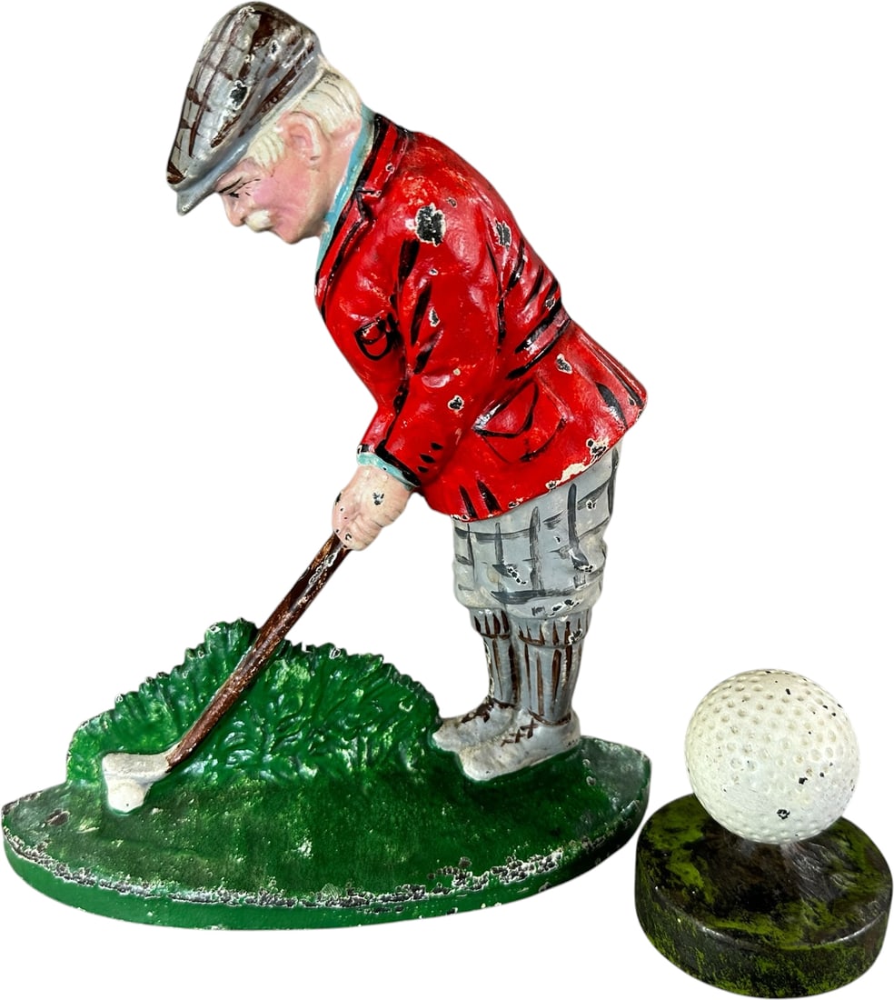 HUBLEY PUTTING GOLFER DOORSTOP: 129. HUBLEY PUTTING GOLFER DOORSTOP | Depicts golfer in early 1930's attire preparing to putt out of an overgrowing grassy area, strong bright paint, quite attractive overall, a very cool period golf