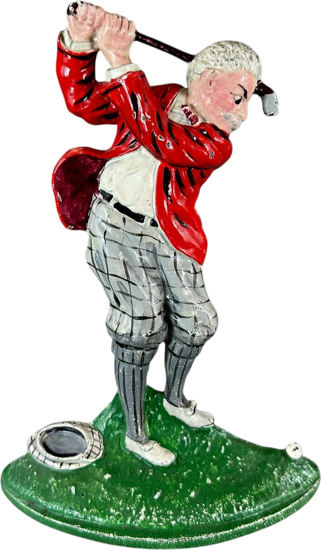 HUBLEY OVERHEAD SWINGING GOLFER DOORSTOP: 130. HUBLEY OVERHEAD SWINGING GOLFER DOORSTOP | Good castling effects, properly attired golfer depicted with club in mid- swing, strong paint colors, one of the better examples seen. Ex: The Bob