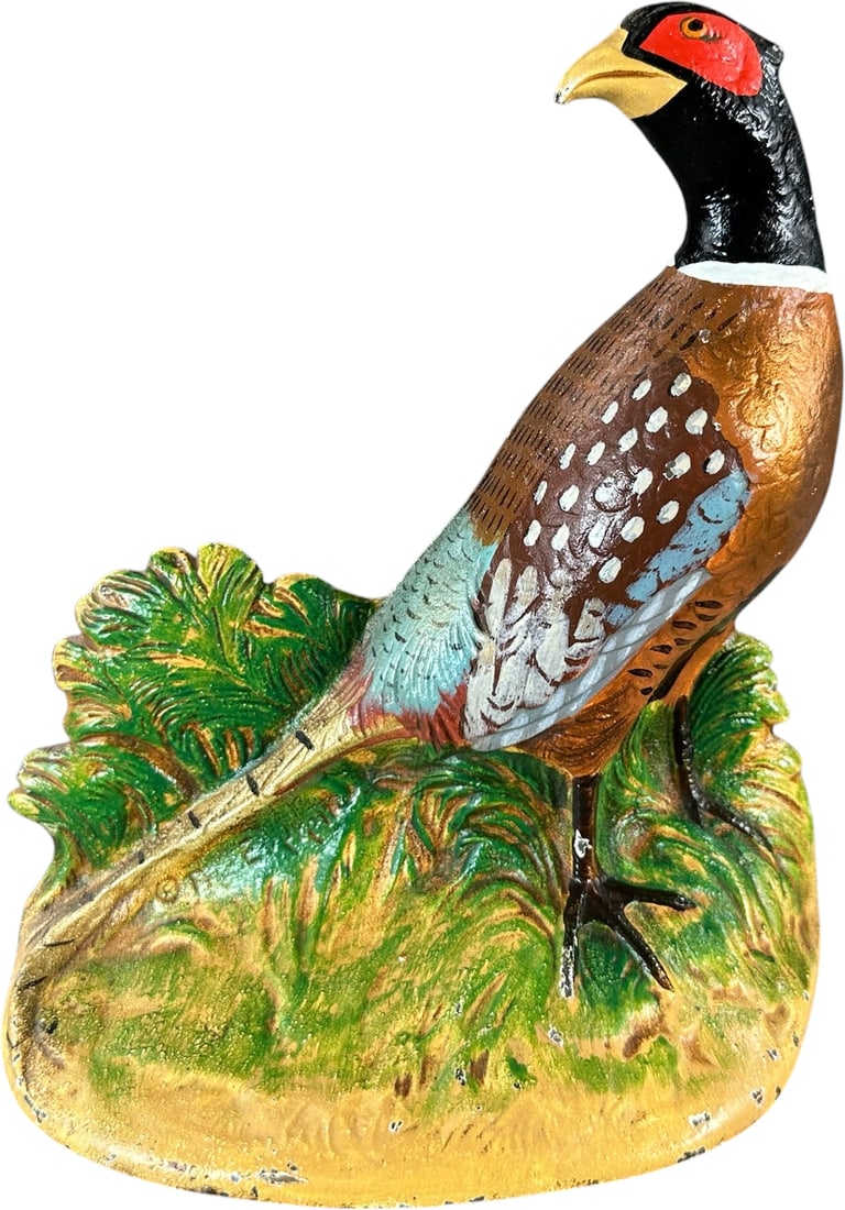 HUBLEY PHEASANT DOORSTOP: 135. HUBLEY PHEASANT DOORSTOP | Designed by and signed " Fred Everett," very realistic cast iron design with beautiful detailed paint, one of the best examples we've seen. Ex: The Bob Brady Collection