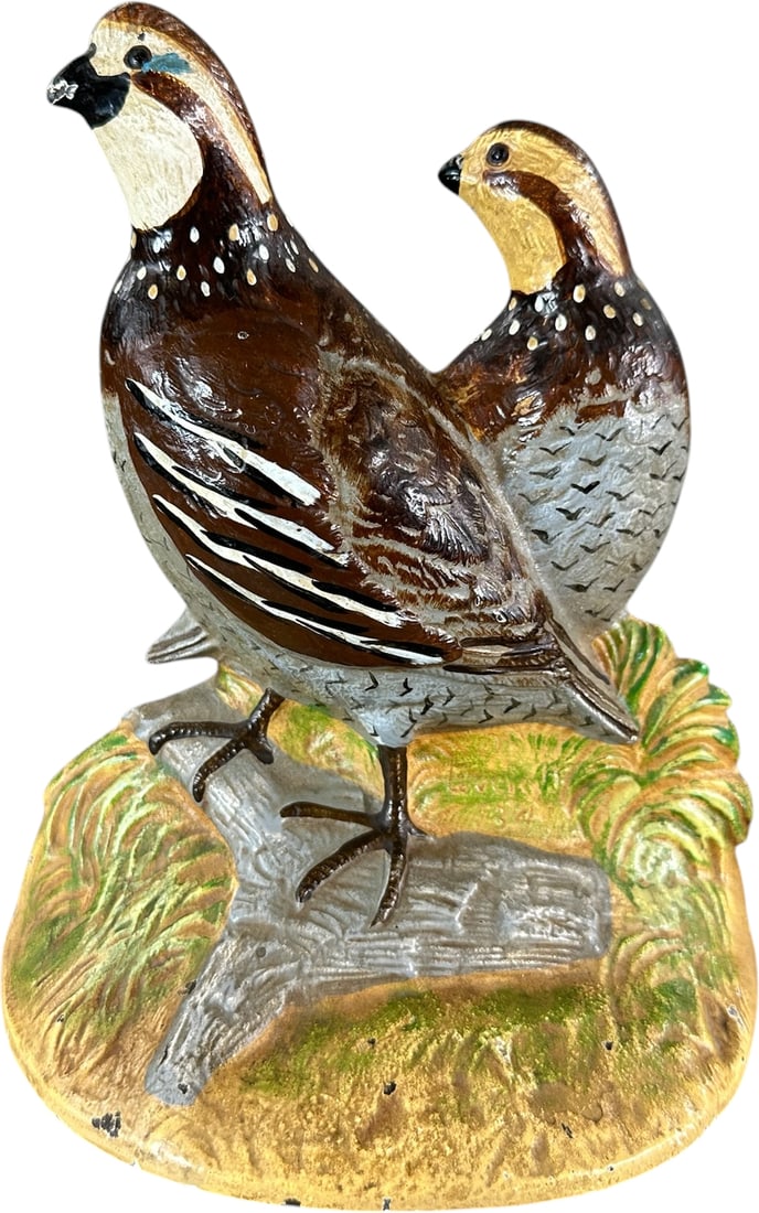 HUBLEY QUAIL DOORSTOP: 136. HUBLEY QUAIL DOORSTOP | Beautiful depiction of two quails sitting on branch in tall grass, great paint details, designed and signed by Fred Everett, one of the best examples we've seen of this