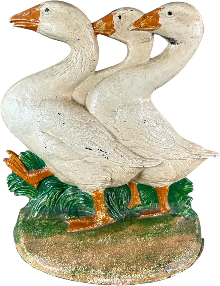 HUBLEY THREE GEESE DOORSTOP: 137. HUBLEY THREE GEESE DOORSTOP | A classic among collectors, designed and signed by Fred Everett, great casting effects, wonderful and whimsical piece, one of the best examples we've seen. Ex: The B