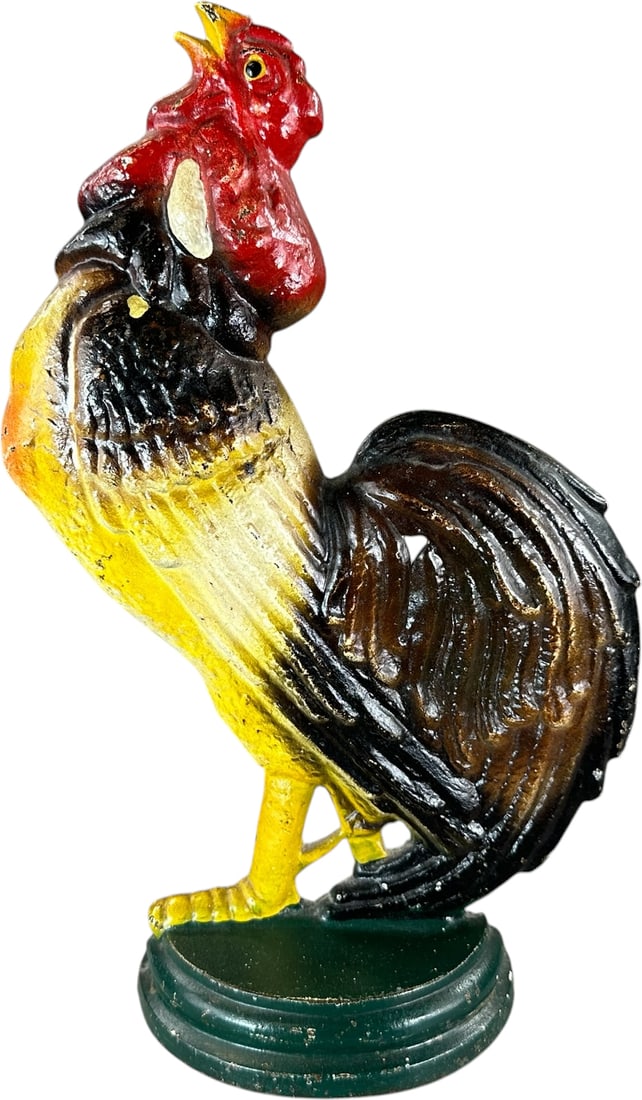 CROWING ROOSTER DOORSTOP: 138. CROWING ROOSTER DOORSTOP | Littco Products, depicts beautifully painted crowing rooster posed standing proud, nice size with great presence. Ex: The Bob Brady Collection. | 13.5" h. | (Pristine