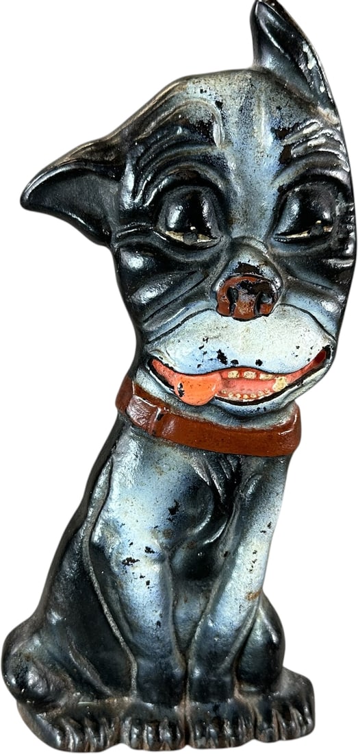 WHIMSICAL PUP BOSTON TERRIER DOORSTOP: 139. WHIMSICAL PUP BOSTON TERRIER DOORSTOP | "Copyright 1927, A.M. Greenblatt Studio, 17," depicts Boston Terrier pup with tongue hanging out, wedge back. Ex: The Bob Brady Collection. | 10" h. | (Exc