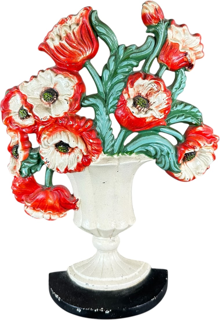 HUBLEY POPPIES DOORSTOP: 149. HUBLEY POPPIES DOORSTOP | Brightly painted life-size red poppies in deco vase on base. Ex: The Bob Brady Collection. | 10.5" h. | Very minor chips at base, (Near Mint Condition) | $200 - $300