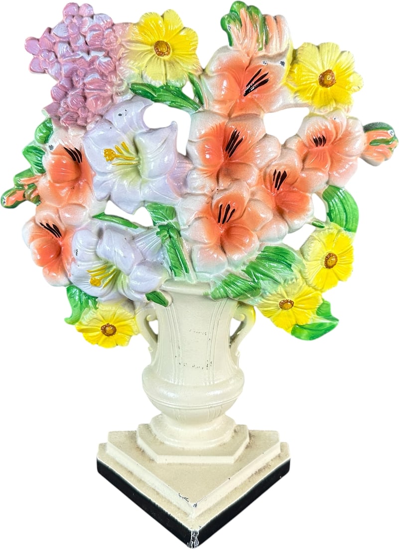 HUBLEY GLADIOLAS IN VASE DOORSTOP: 150. HUBLEY GLADIOLAS IN VASE DOORSTOP | Bright and bountiful vase full of fresh budding gladiola flowers. Ex: The Bob Brady Collection. | 10" h. | Very minor chips at base, (Near Mint Condition) | $2