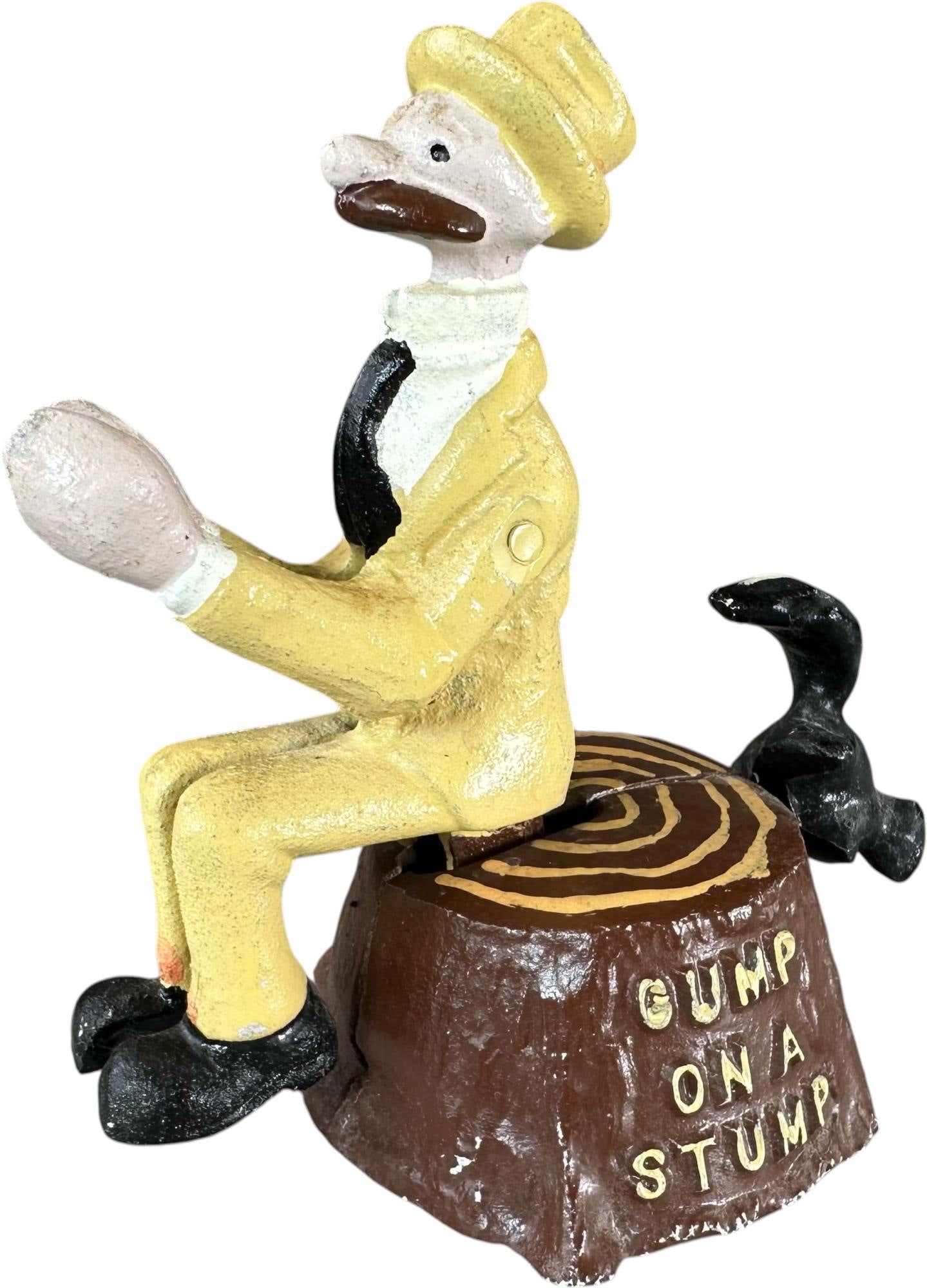 REYNOLDS GUMP ON A STUMP MECHANICAL BANK: 154. REYNOLDS GUMP ON A STUMP MECHANICAL BANK | Catalogue # 11-M, 1973, Edition of 10. Ex: Max Berry Collection. | 5" h. | (Pristine Condition) | $250 - $500