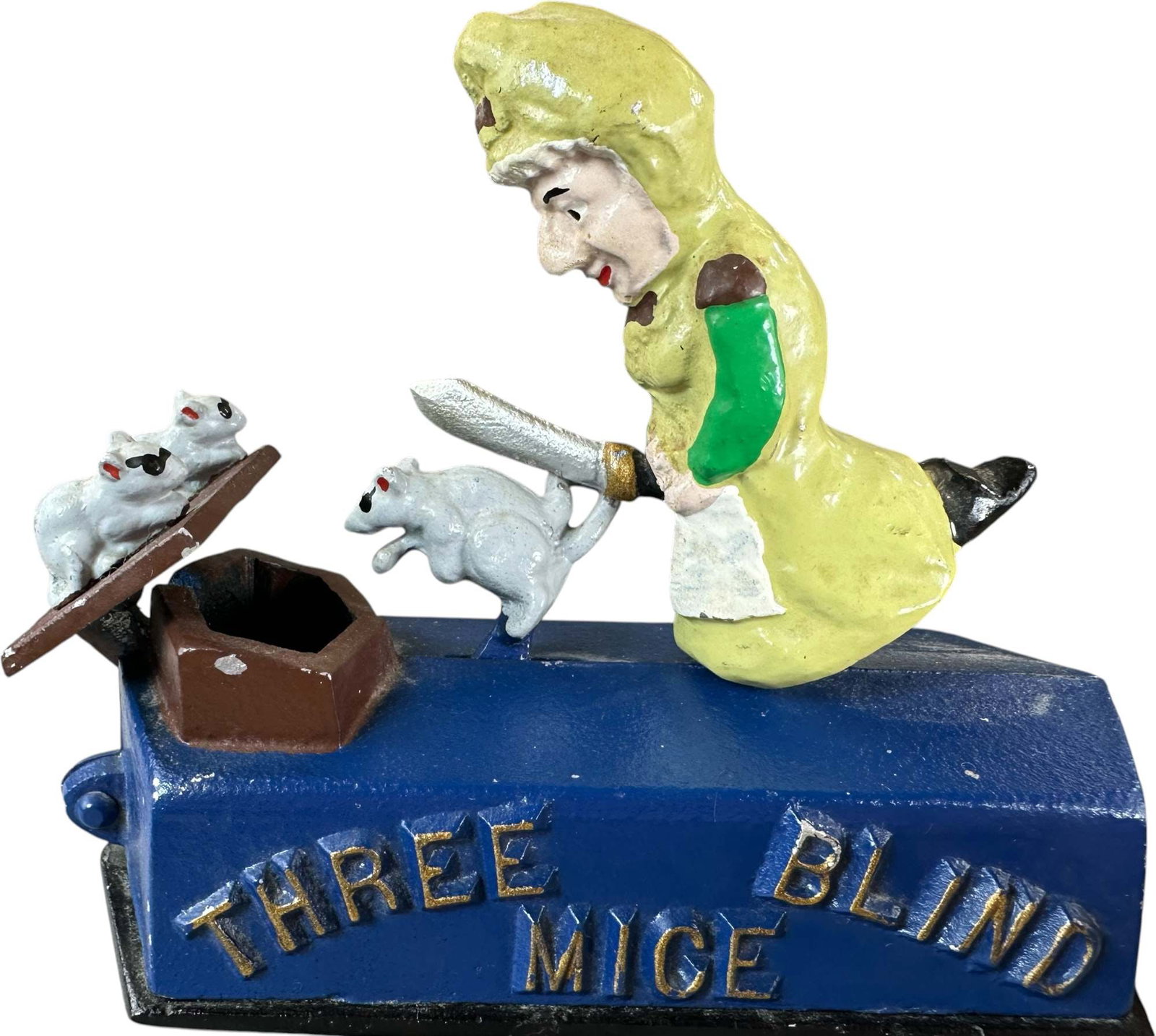 REYNOLDS 3 BLIND MICE MECHANICAL BANK: 157. REYNOLDS 3 BLIND MICE MECHANICAL BANK | Catalogue # 31-M, 1975, Edition 2 of 20. Ex: Max Berry Collection. | 6.5" l. | (Pristine Condition) | $300 - $400
