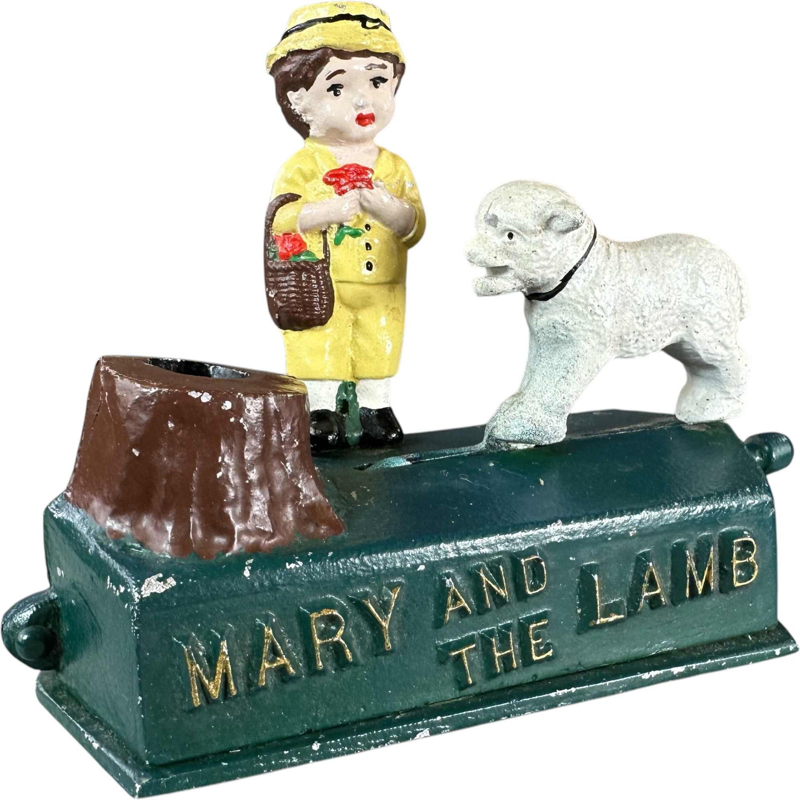 REYNOLDS MARY & THE LAMB MECHANICAL BANK: 158. REYNOLDS MARY & THE LAMB MECHANICAL BANK | Catalogue # 20-M, 1974, Edition of 20. Ex: Max Berry Collection. | 6.5" l. | (Excellent to Pristine Condition) | $300 - $400