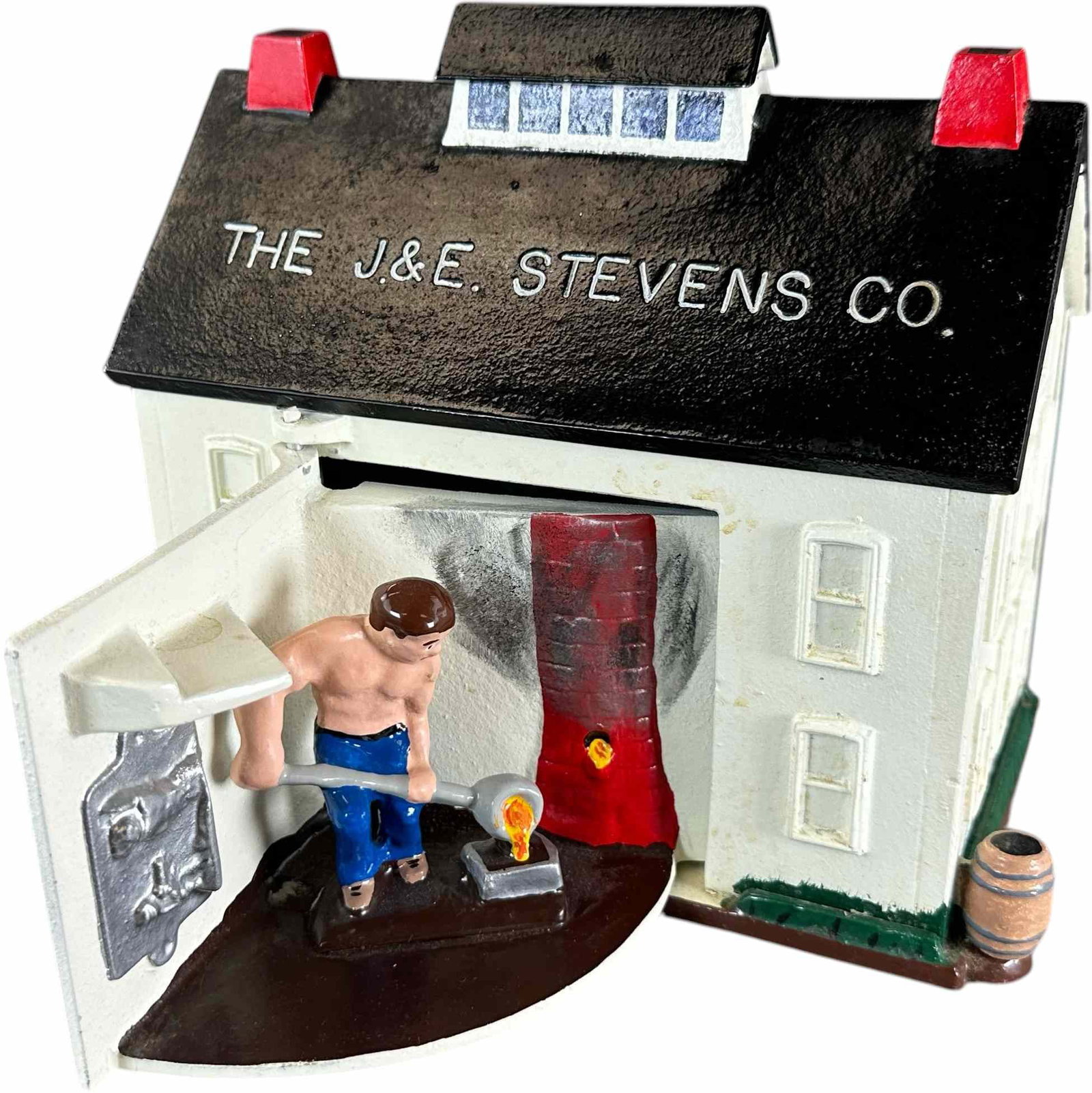 REYNOLDS STEVENS FOUNDRY MECHANICAL BANK: 176. REYNOLDS STEVENS FOUNDRY MECHANICAL BANK | "J. & E. Stevens Co.", Catalogue # 54-M, 1995, Edition 2 of 50. Ex: Max Berry Collection. | 9.5" l. | (Excellent to Pristine Condition) | $300 - $400