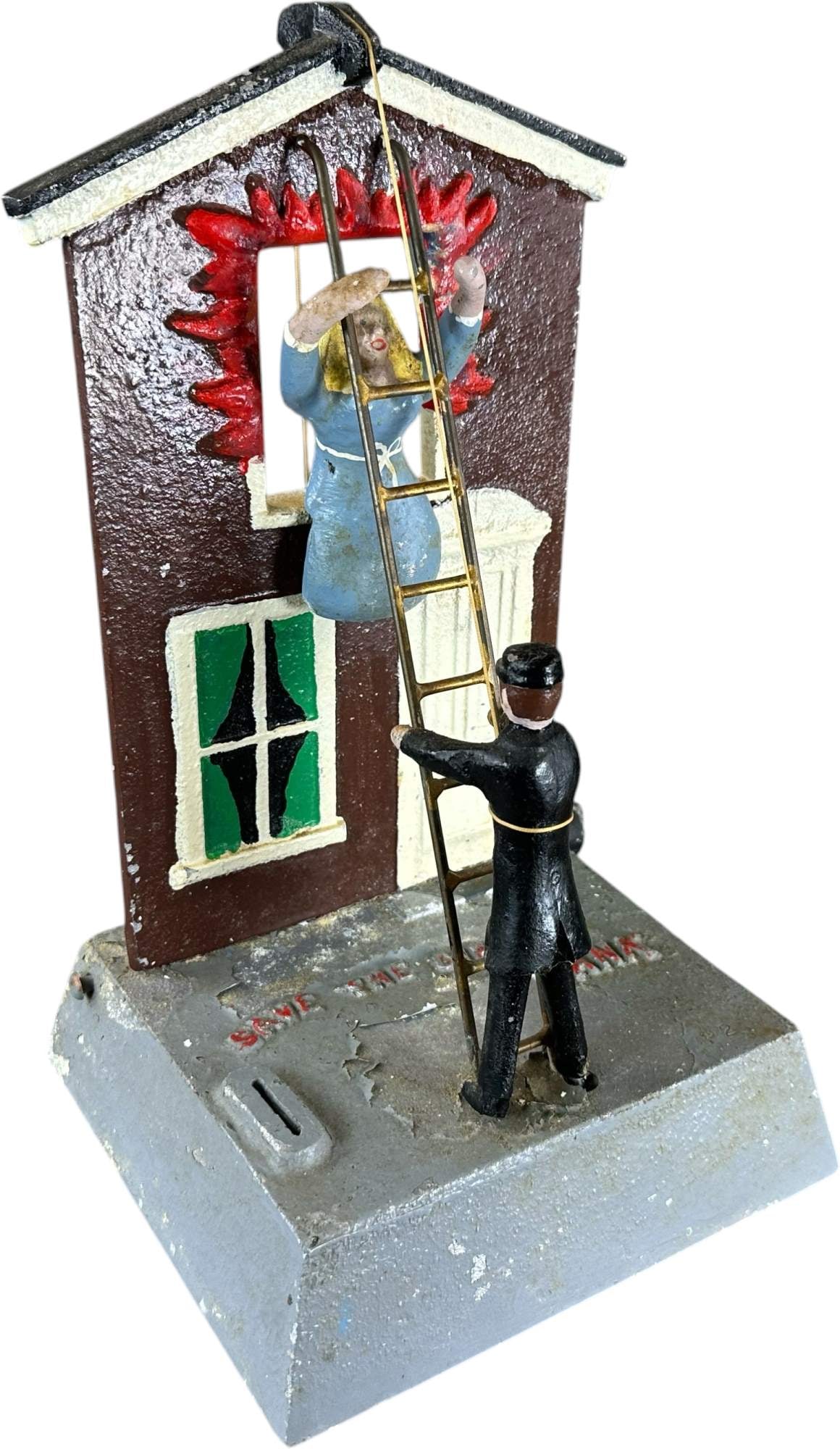 REYNOLDS SAVE THE GIRL MECHANICAL BANK: 178. REYNOLDS SAVE THE GIRL MECHANICAL BANK | Catalogue # 9-M, 1972, Edition of 10. Ex: Max Berry Collection. | 13.5" h. | Gray paint on floor is flaking, complete with original figure, (Very Good Con