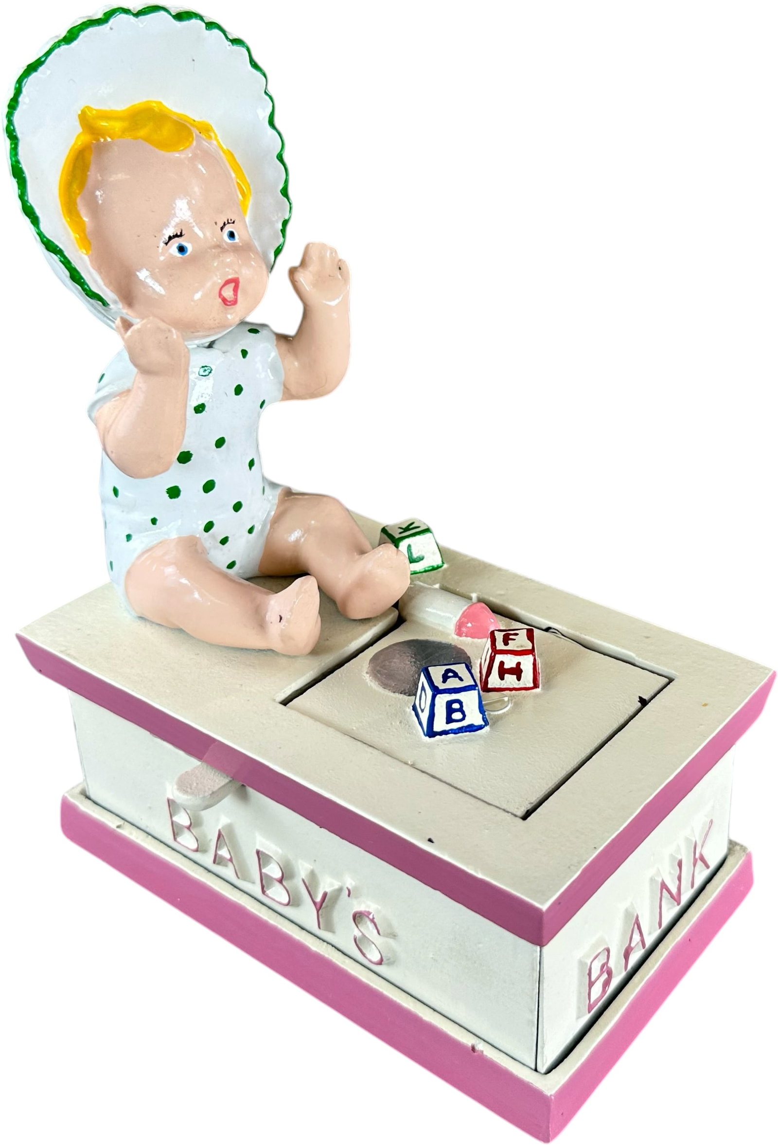 REYNOLDS BABYS SURPRISE MECHANICAL BANK: 203. REYNOLDS BABYS SURPRISE MECHANICAL BANK | Catalogue # 68-M, 2004, Edition of 7. Ex: Max Berry Collection. | 5.5" l. | (Near Mint Condition) | $500 - $800