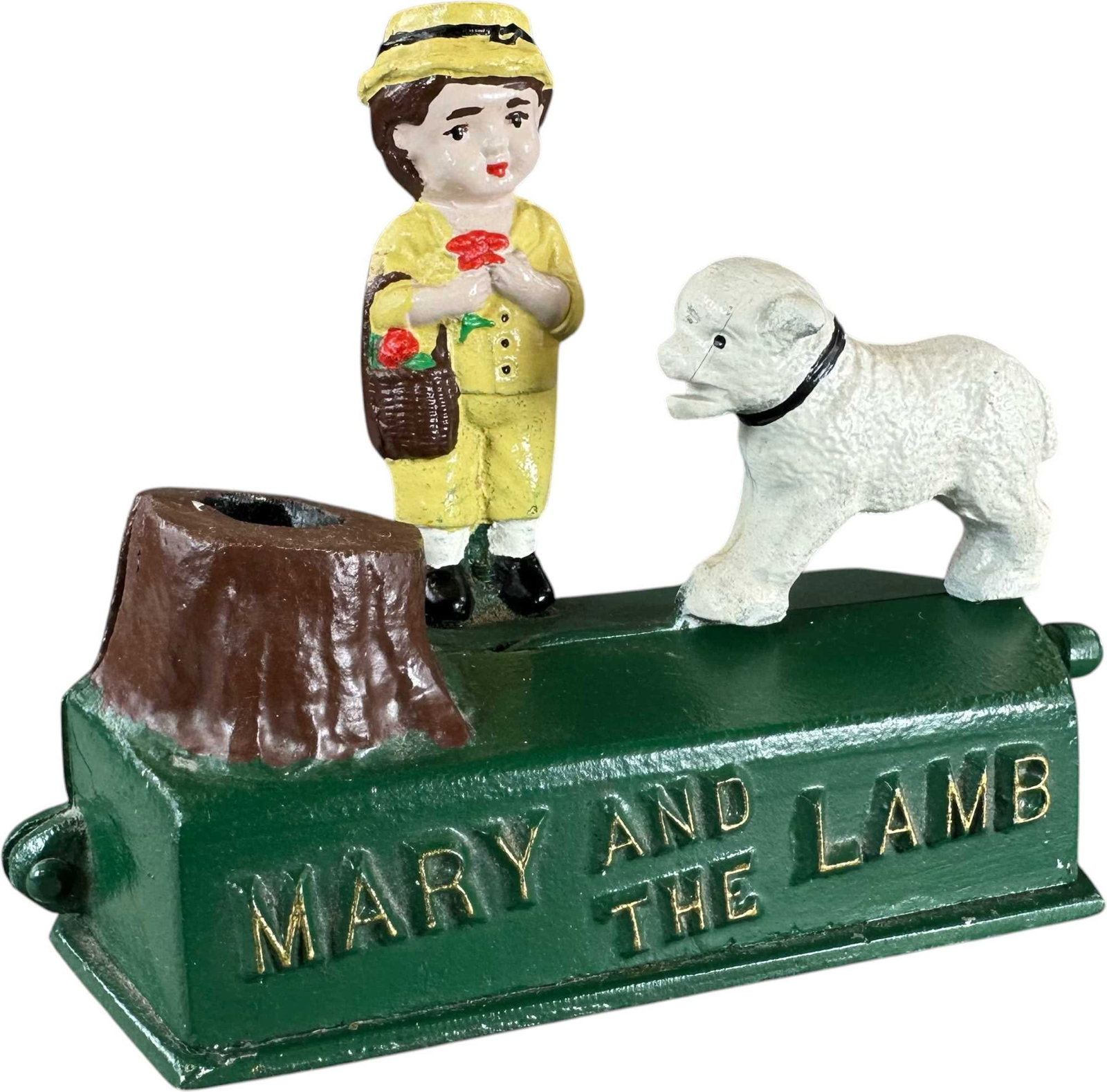 REYNOLDS MARY & THE LAMB MECHANICAL BANK: 205. REYNOLDS MARY & THE LAMB MECHANICAL BANK | Catalogue # 20-M, 1974, Edition 2 of 20. Ex: Max Berry Collection. | 7.5" l. | Label is intact but has a tear, (Excellent Condition) | $200 - $400