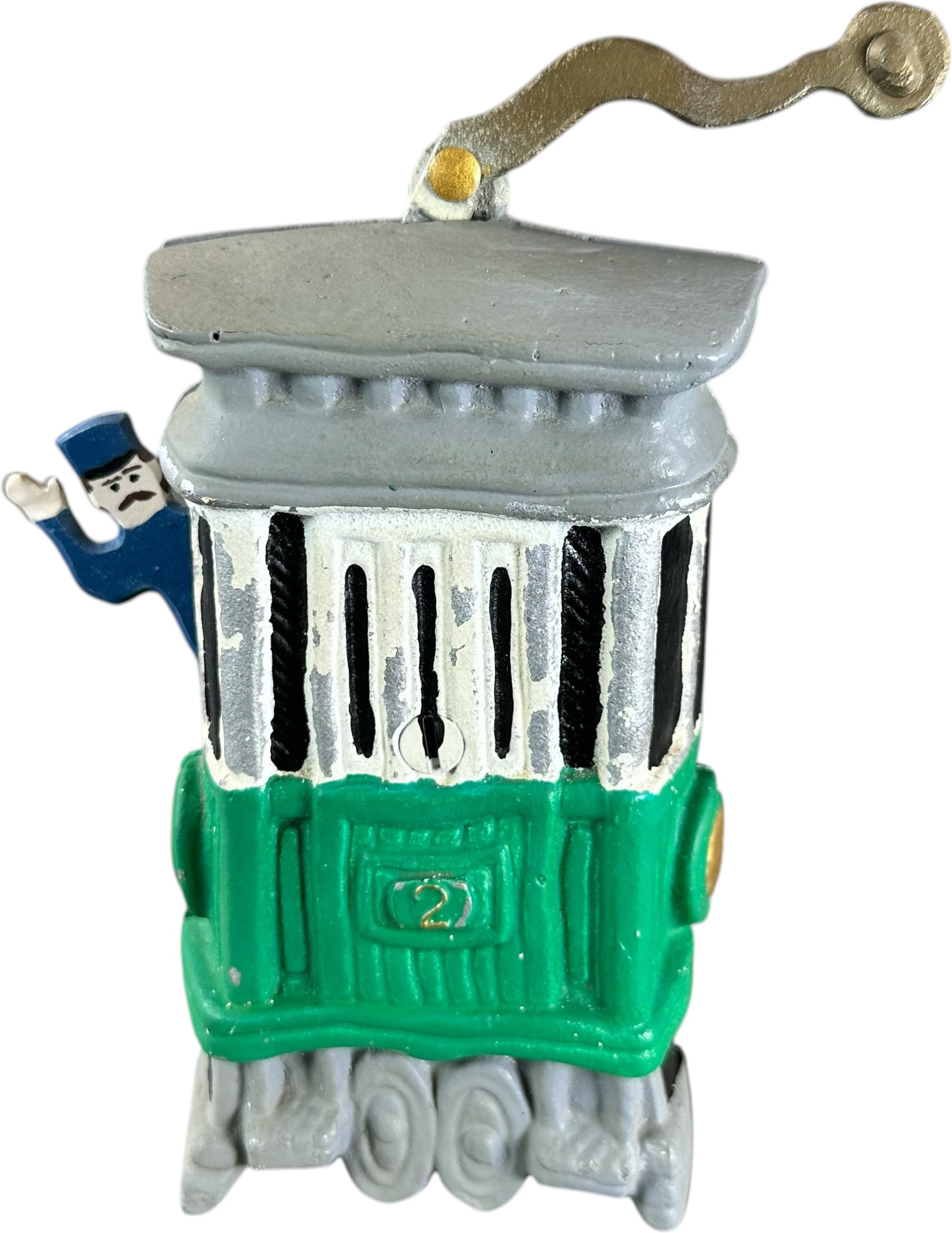 REYNOLDS TROLLEY MECHANICAL BANK: 216. REYNOLDS TROLLEY MECHANICAL BANK | Catalogue # 2-M, 1971, Edition 2 of 30. Ex: Max Berry Collection. | 8.5" h. | Wear to white paint around the windows, otherwise (Very Good to Excellent Conditio
