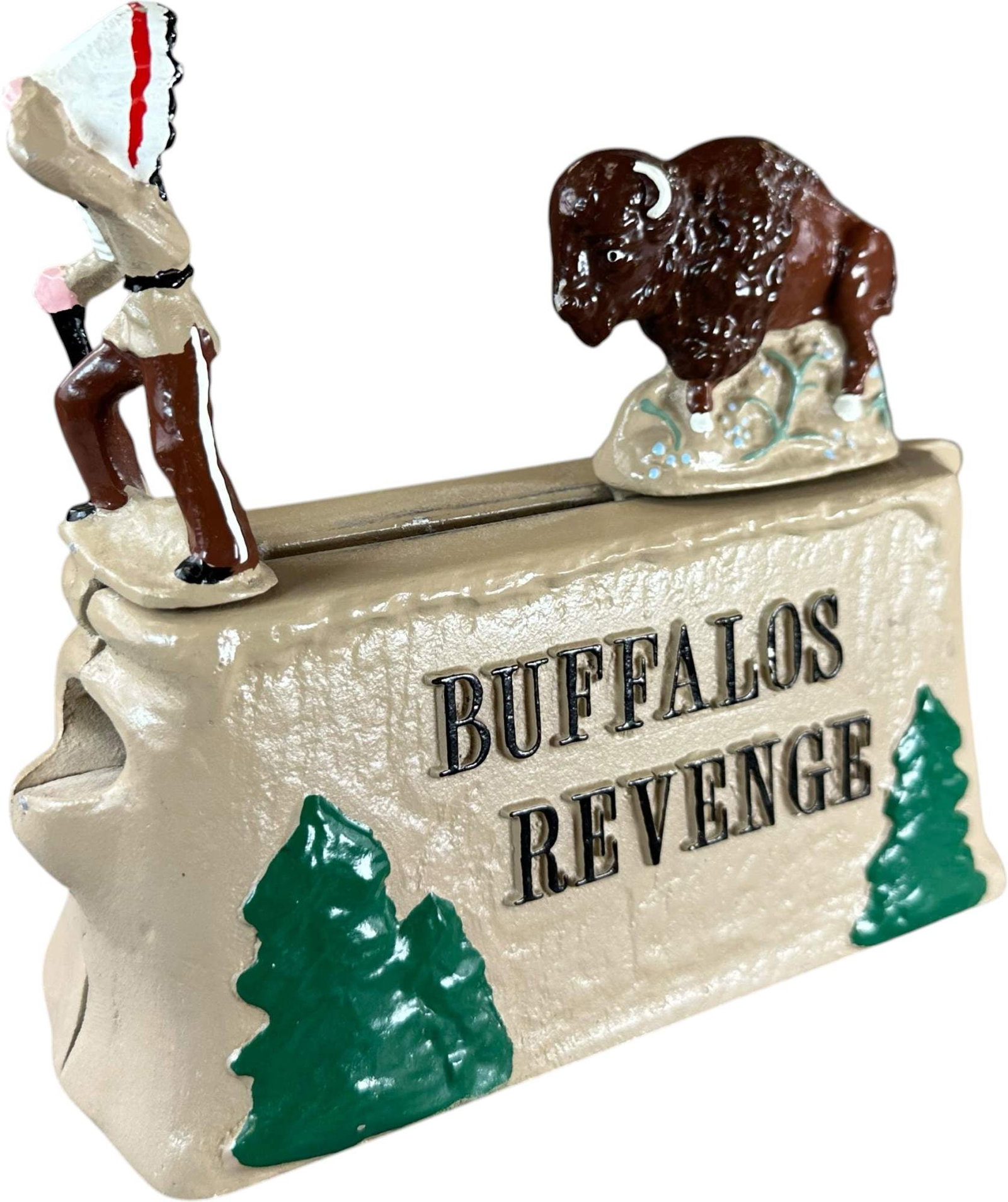 REYNOLDS BUFFALO REVENGE MECHANICAL BANK: 240. REYNOLDS BUFFALO REVENGE MECHANICAL BANK | Catalogue # 47-M, 1990, Edition 2 of 35. Ex: Max Berry Collection. | 9" l. | (Excellent to Pristine Condition) | $200 - $400
