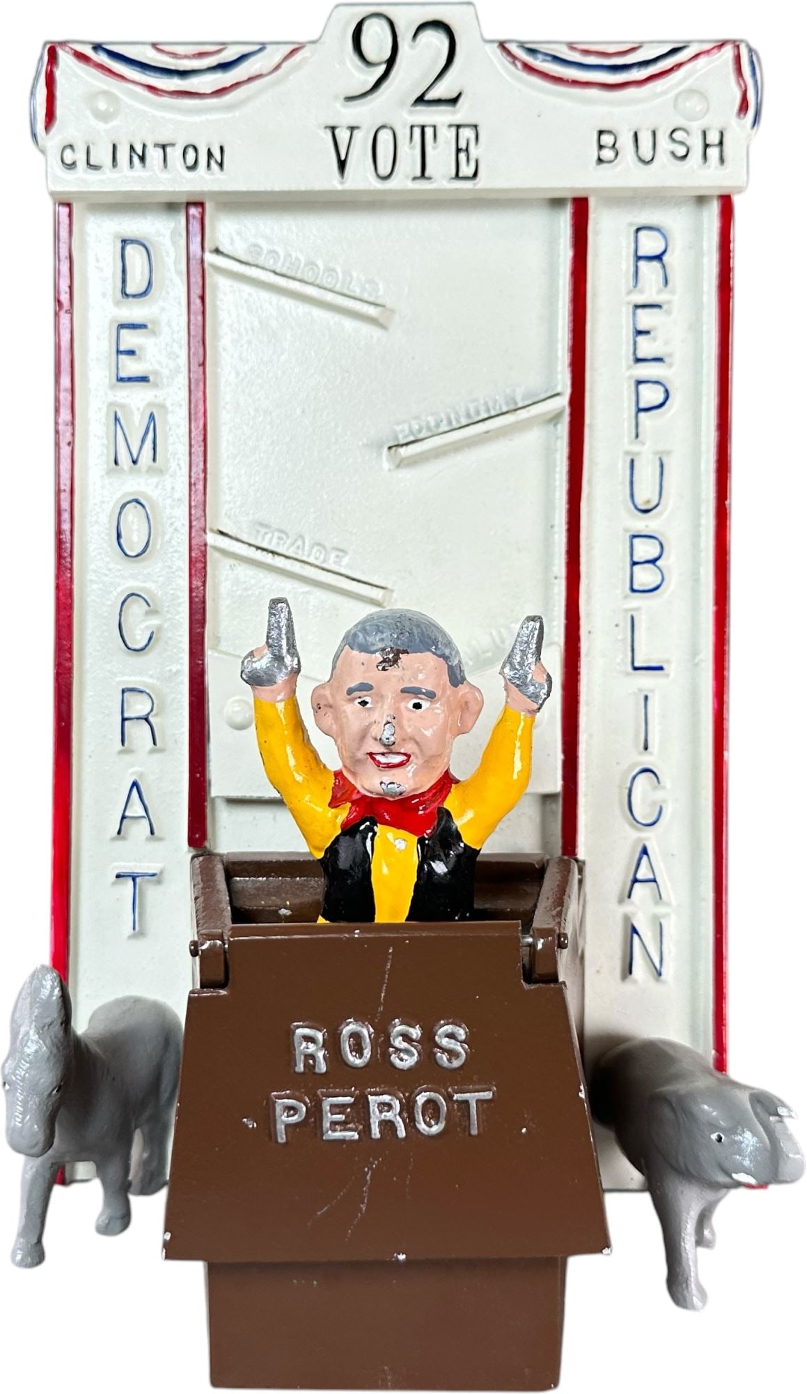 REYNOLDS CLINTON BUSH MECHANICAL BANK: 246. REYNOLDS CLINTON BUSH MECHANICAL BANK | "92 Vote Political", Catalogue # 50-M, 1992, Edition 2 of 50. Ex: Max Berry Collection. | 10" h. | (Excellent Condition) | $200 - $400