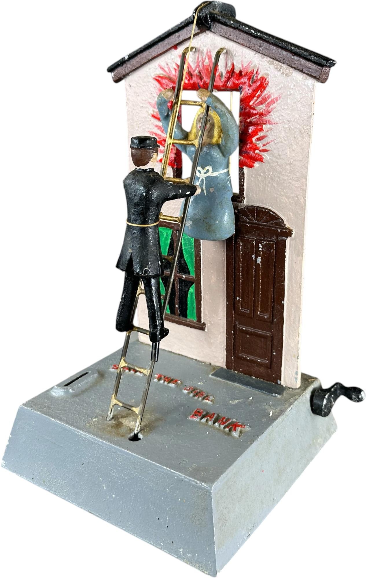 REYNOLDS SAVE THE GIRL MECHANICAL BANK: 250. REYNOLDS SAVE THE GIRL MECHANICAL BANK | Catalogue # 9-M, 1972, Edition 3 of 10. Ex: Max Berry Collection. | 13" h. | (Excellent Condition) | $400 - $600