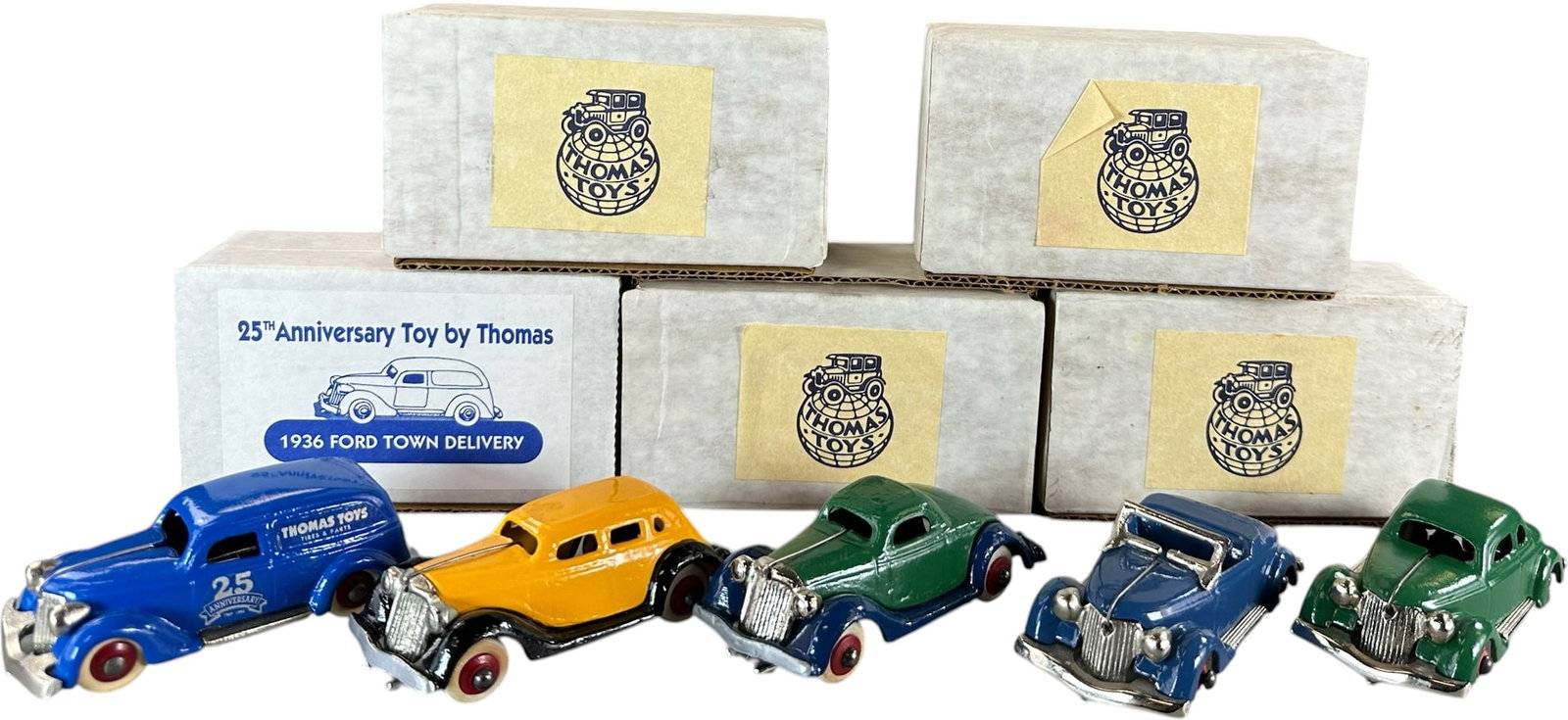 FIVE BOXED THOMAS TOYS 1936 FORDS: 358. FIVE BOXED THOMAS TOYS 1936 FORDS | Provenance: Ira Bernstein Collection. | 4" l. | Contemporary, (Near Mint Condition) | $250 - $500