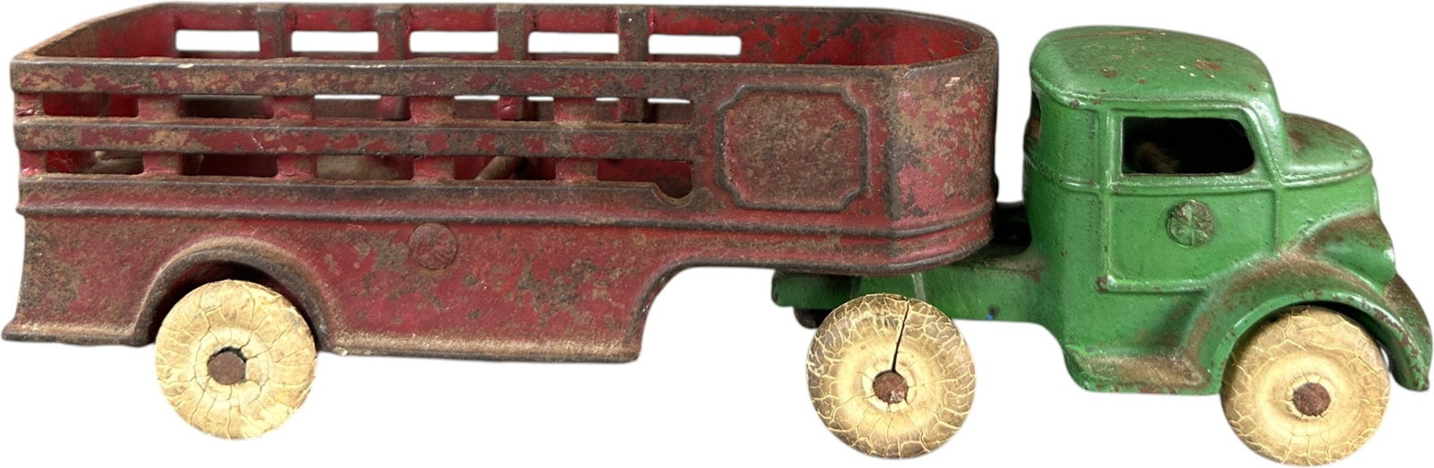 KENTON TRACTOR & STAKE SIDE TRAILER: 399. KENTON TRACTOR & STAKE SIDE TRAILER | Ex: Tony Lasala Collection. | 8.5" l. | Missing tin floor inside bed, (Very Good Condition) | $100 - $200