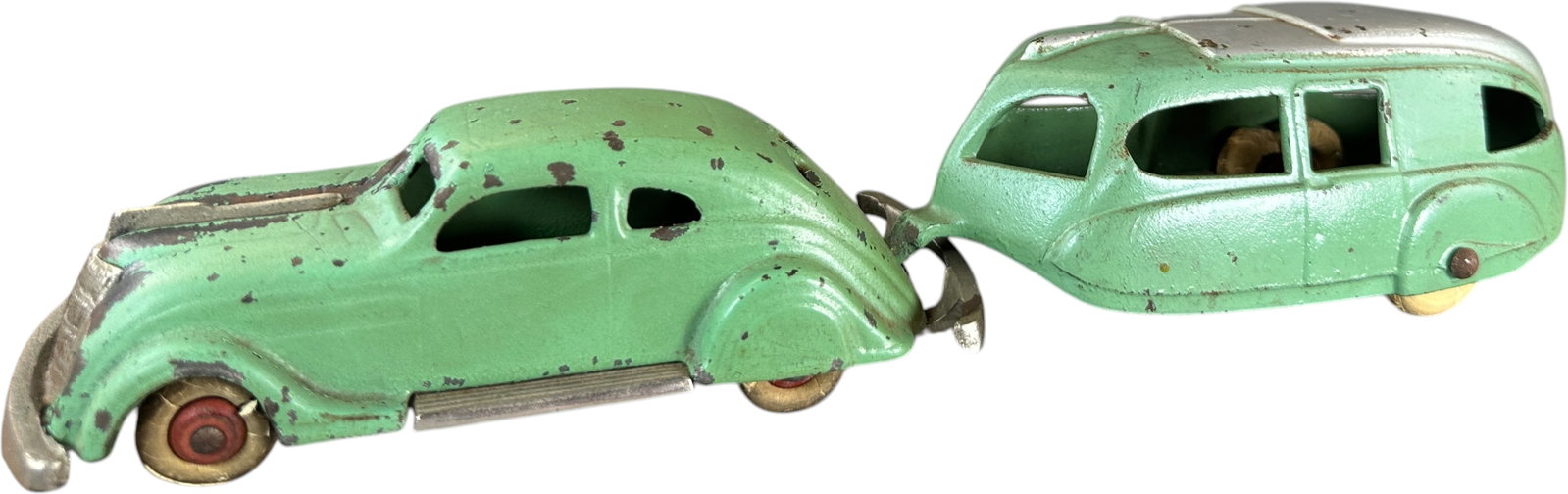 AC WILLIAMS CHRYSLER W/ HUBLEY TRAILER: 422. AC WILLIAMS CHRYSLER W/ HUBLEY TRAILER | The green paint color is nearly an identical match! Ex: Tony Lasala Collection. | 6.5" l. | Paint flaked at center seam of hood, otherwise in (Very Good