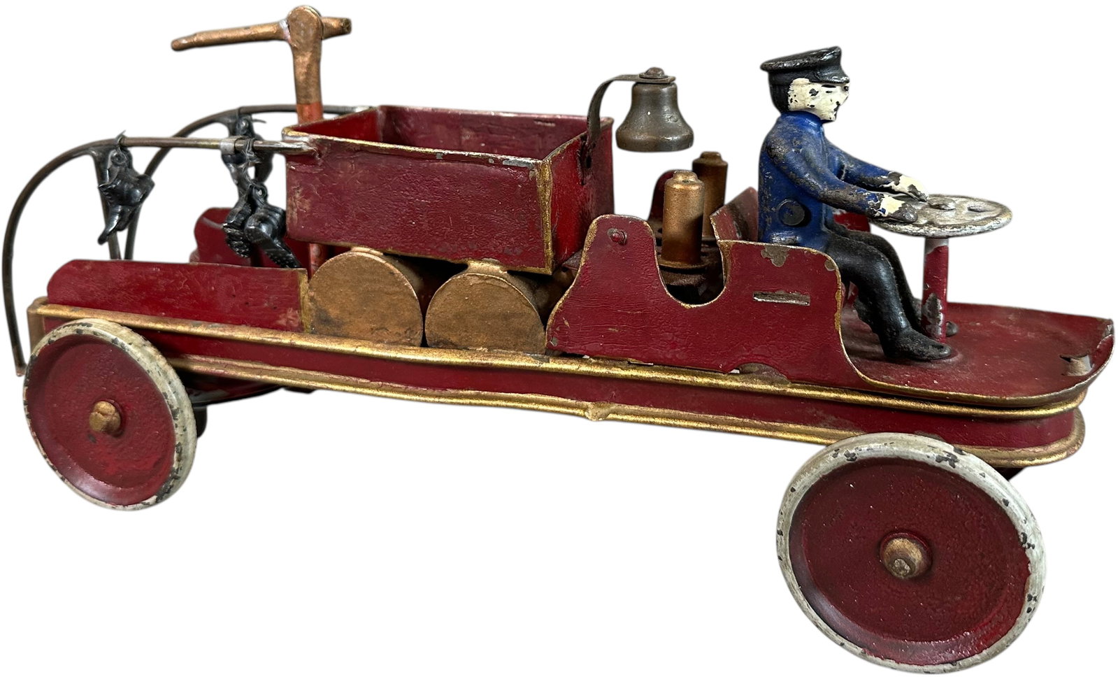 WILKINS CHEMICAL FIRE WAGON: 464. WILKINS CHEMICAL FIRE WAGON | 12.5" l. | Original drive figure, boots at rear are added for decoration, (Excellent Condition) | $300 - $600
