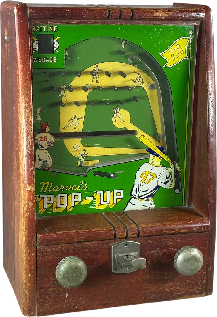 MARVELS POP-UP BASEBALL COUNTER SKILL GAME: 1. MARVELS POP-UP BASEBALL COUNTER SKILL GAME | Coin-operated baseball counter game, housed in a wooden cabinet with baseball-themed playing field, mechanical skill game challenges the player to bat