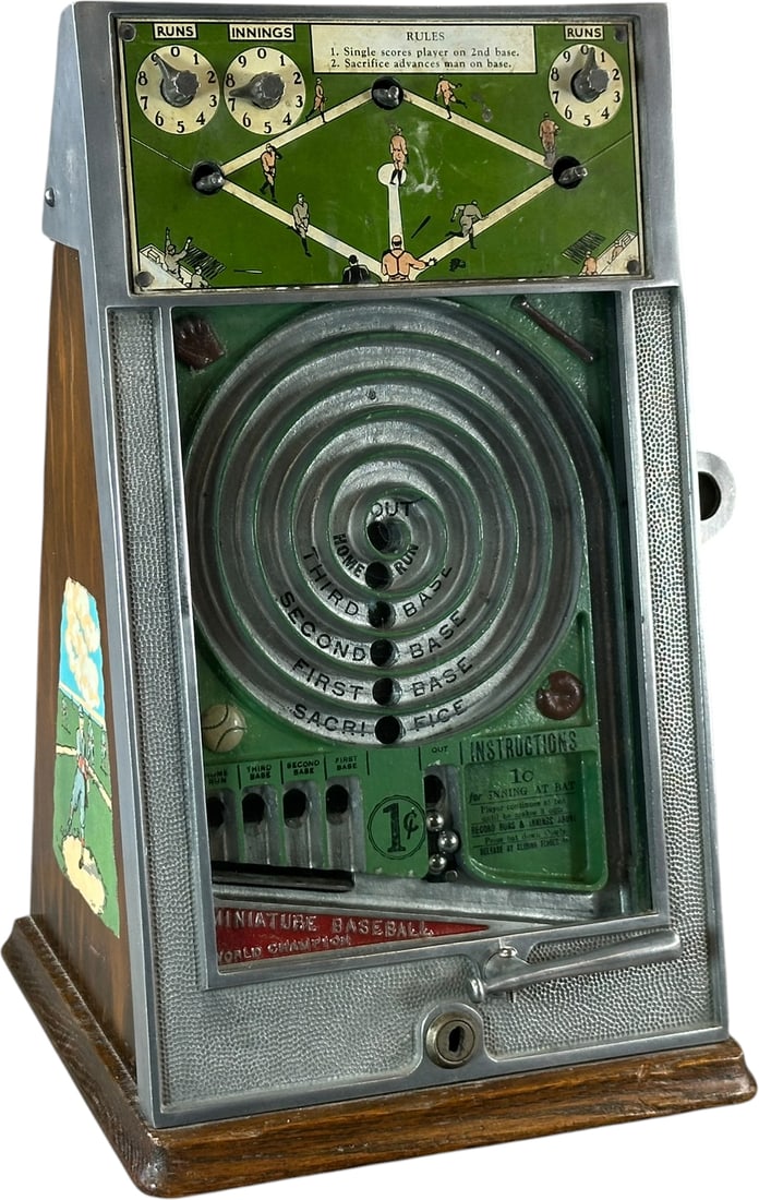 1-CENT MINIATURE BASEBALL COUNTER GAME: 2. 1-CENT MINIATURE BASEBALL COUNTER GAME | Features a spiral ball track with scoring positions for single, double, triple, home run, sacrifice and out, the upper illustrated baseball diamond