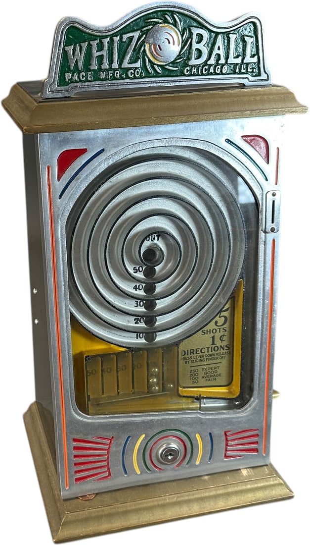 1-CENT PACE MFG. WHIZ BALL COUNTER GAME: 10. 1-CENT PACE MFG. WHIZ BALL COUNTER GAME | Countertop skill game manufactured by Pace Mfg. Co., Chicago, Illinois, circa 1930, one-cent play provided five shots, with balls traveling through