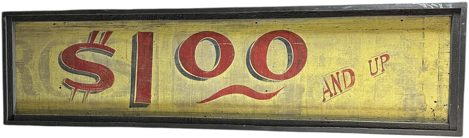LARGE WOODEN STOREFRONT SIGN: 26. LARGE WOODEN STOREFRONT SIGN | An early one dollar and up sign on a wide plank of barnwood, great paint and patina with the appropriate amount of wear considering age and size. | 21" h. x 79" l. |