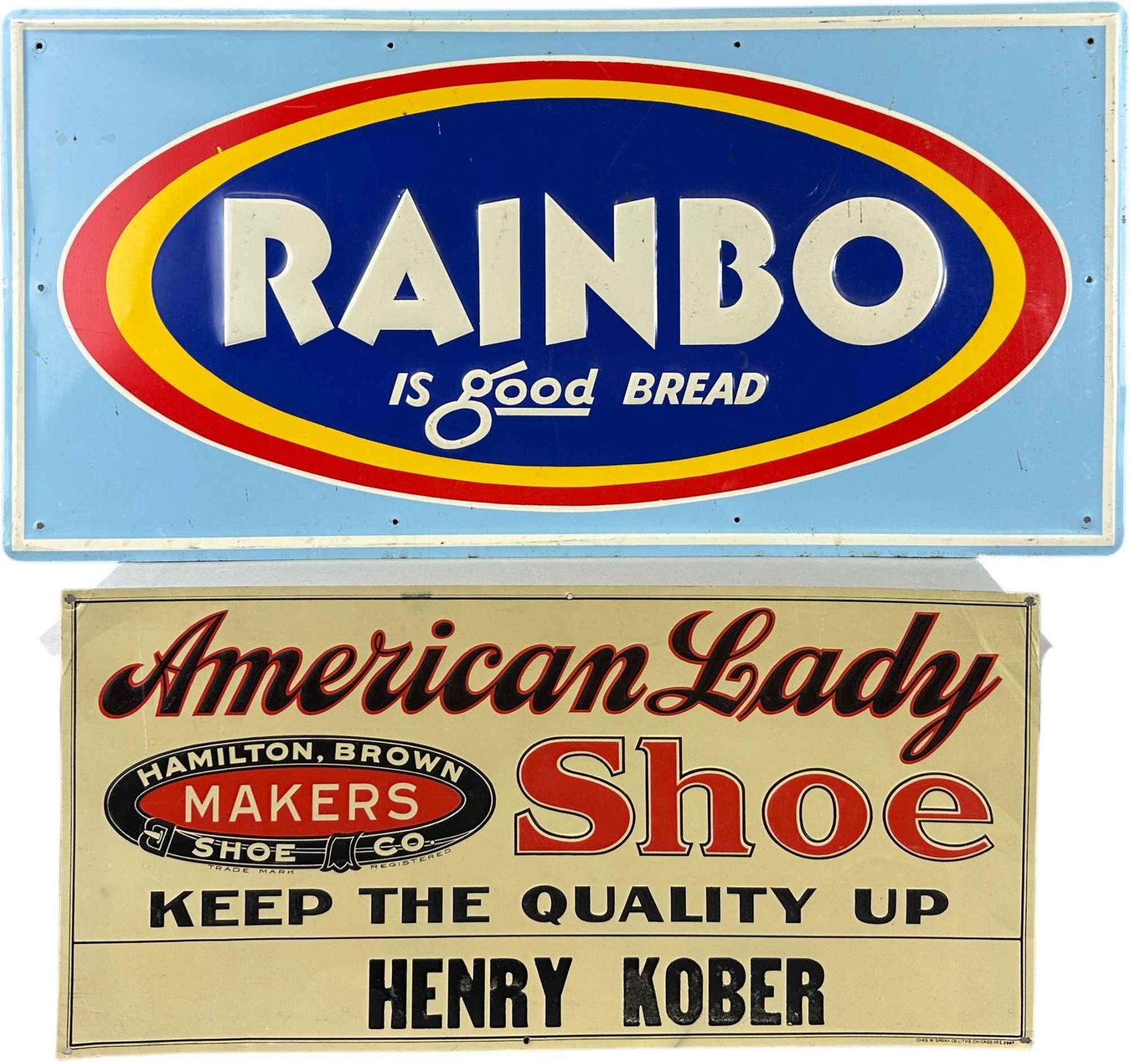 TWO COLORFUL TIN SIGNS - BREAD & SHOE (1 of 4)