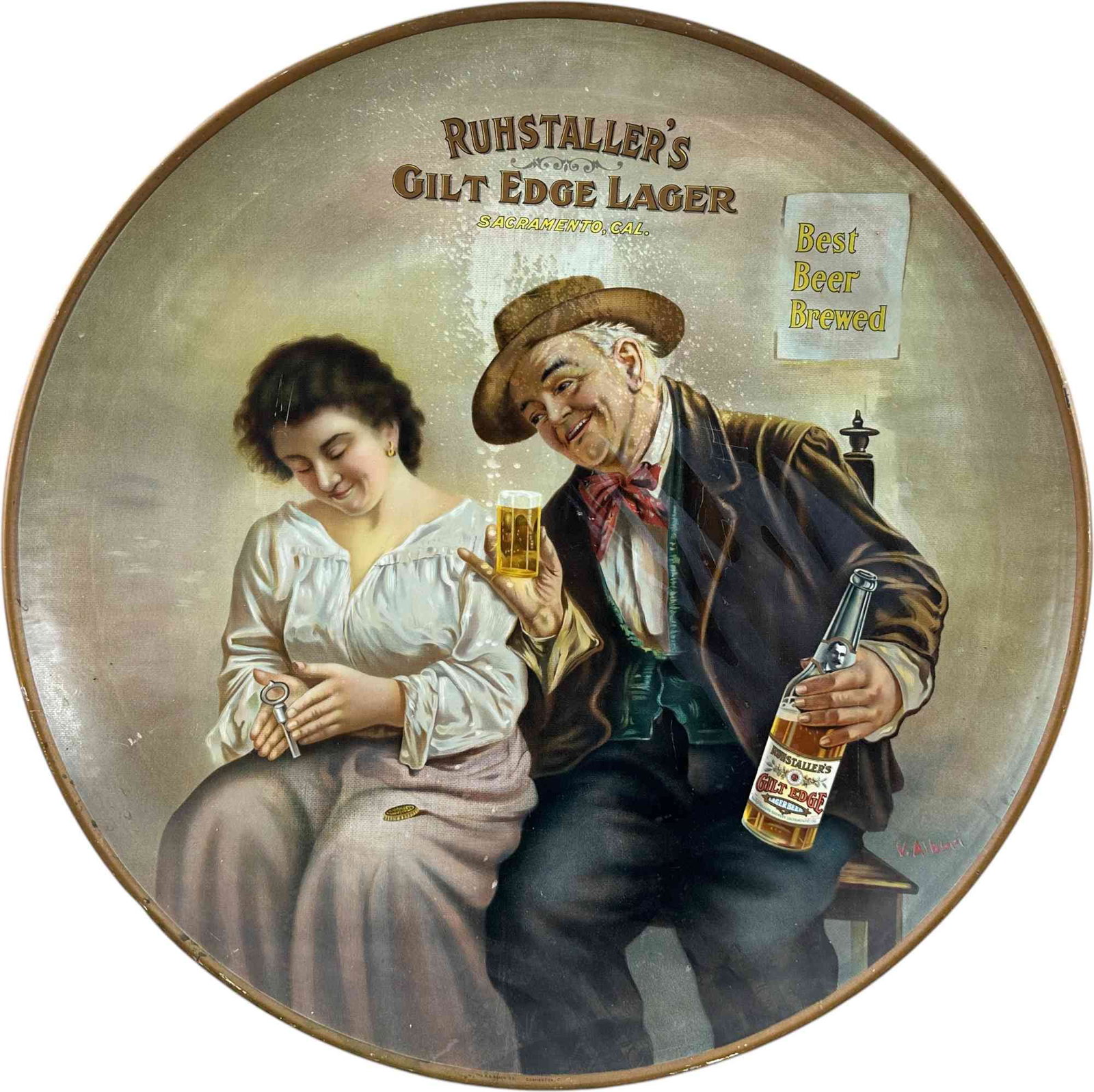 RUHSTALLERS GILT EDGE LAGER ADVERTISING TRAY: 38. RUHSTALLERS GILT EDGE LAGER ADVERTISING TRAY | Featuring a humorous tavern scene with a gentleman holding a bottle and glass beside a seated woman. Signed in the image V.A. Blom and bearing the sl