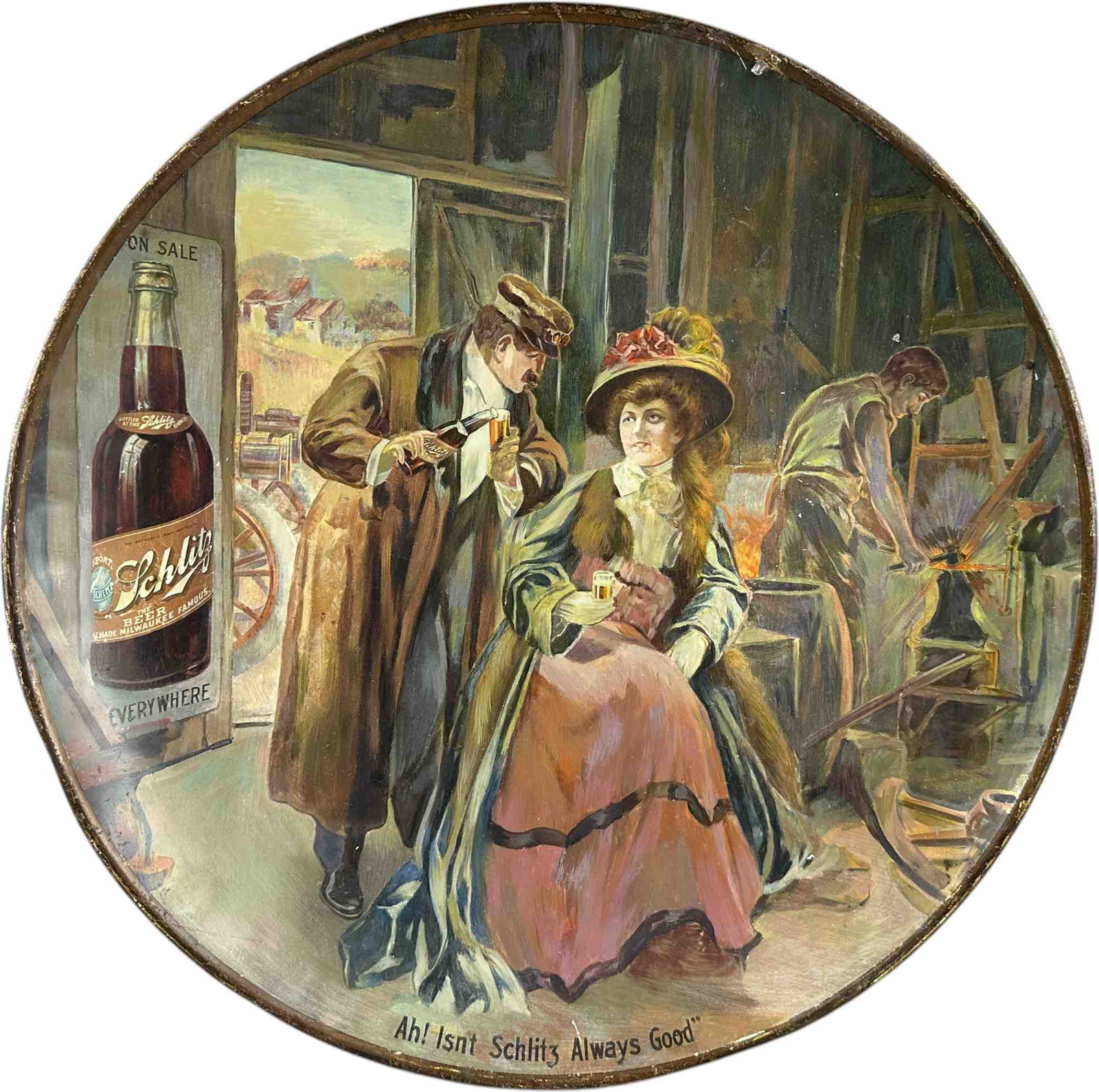 SCHLITZ ALWAYS GOOD ADVERTISING SIGN: 39. SCHLITZ ALWAYS GOOD ADVERTISING SIGN | Advertising sign depicting a fashionably dressed woman being served a glass of Schlitz during a visit to a glassworks, with a prominent bottle advertisement 