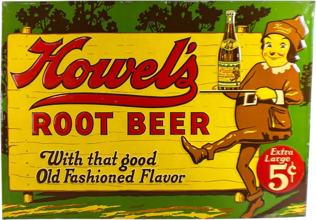 HOWELS ROOT BEERS EMBOSSED TIN SIGN: 54. HOWELS ROOT BEERS EMBOSSED TIN SIGN | Colorful embossed tin advertising sign for Howels Root Beer, featuring the brands smiling server presenting a bottle beside bold red lettering and the slogan 