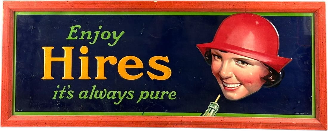 HIRES ROOT BEE EMBOSSED TIN SIGN: 55. HIRES ROOT BEE EMBOSSED TIN SIGN | 11.5" l. x 9.5" h. | Light creasing, some scratching in areas, overall in (Excellent Condition) | $600 - $1,000