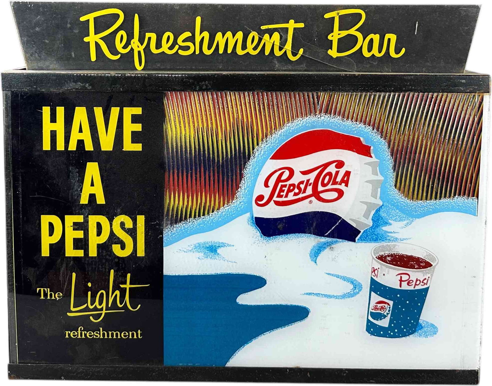 PEPSI COLA LIGHT UP SIGN: 58. PEPSI COLA LIGHT UP SIGN | 20.5" l. | No cord, unable to be tested, crack in marquee, Excellent condition for a rare movie theater sign | $300 - $600