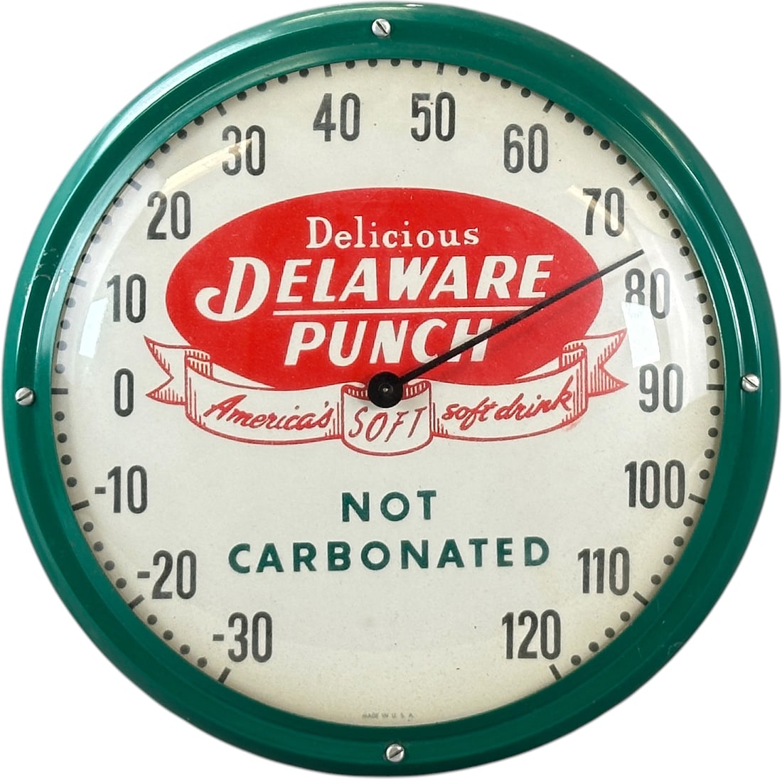 DELAWARE PUNCH SOFT DRINK THERMOMETER: 59. DELAWARE PUNCH SOFT DRINK THERMOMETER | 12"dia. | (Excellent Condition) | $200 - $400