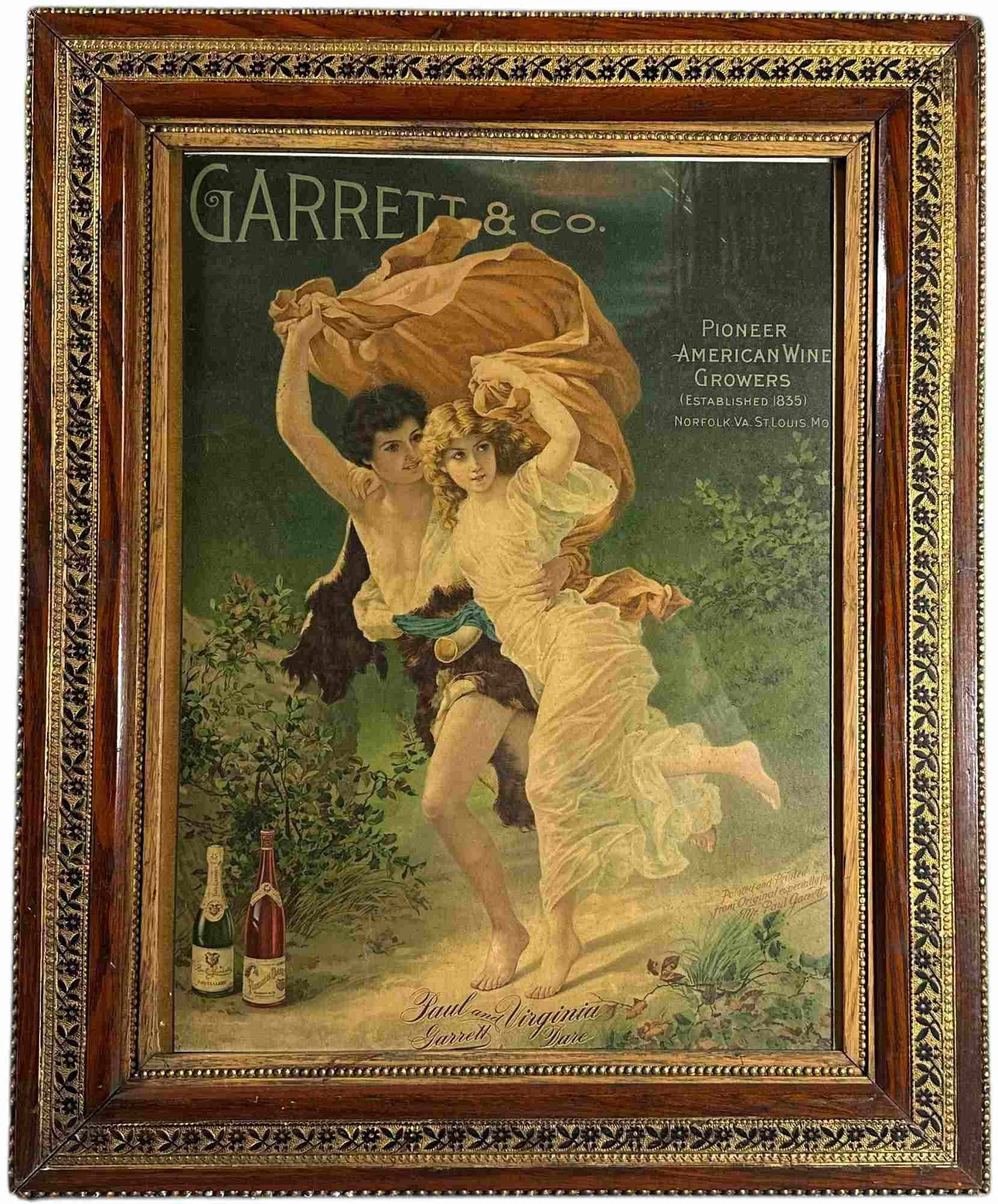 FRAMED GARRETT WINE-CHAMPAGNE CARDBOARD SIGN: 68. FRAMED GARRETT WINE-CHAMPAGNE CARDBOARD SIGN | 29" h. x 24" w. | (Excellent Condition) | $200 - $400