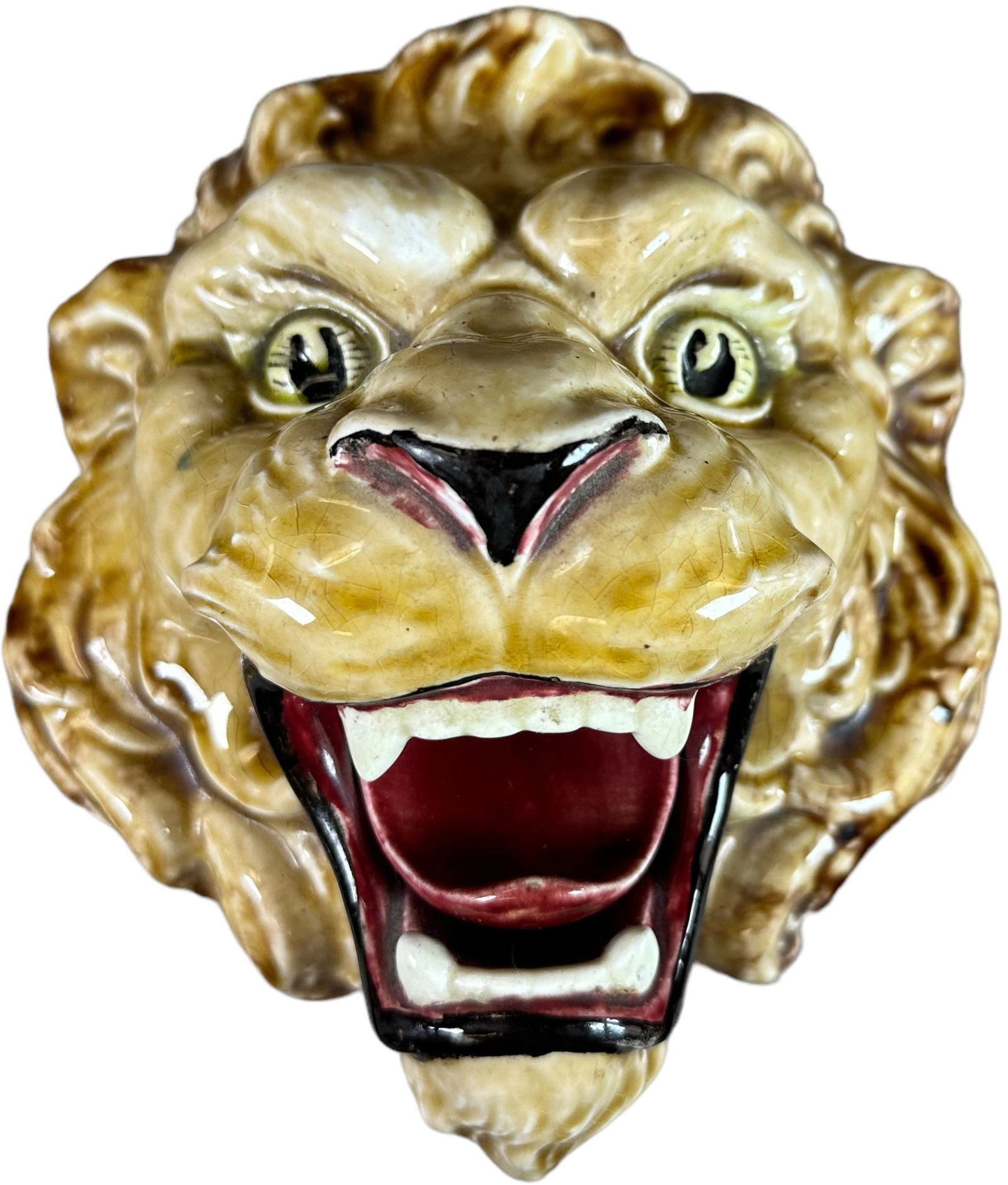 NOVELTY MAJOLICA LION HEAD: 74. NOVELTY MAJOLICA LION HEAD | Tongue moves. | 7" h. | (Excellent Condition) | $150 - $300