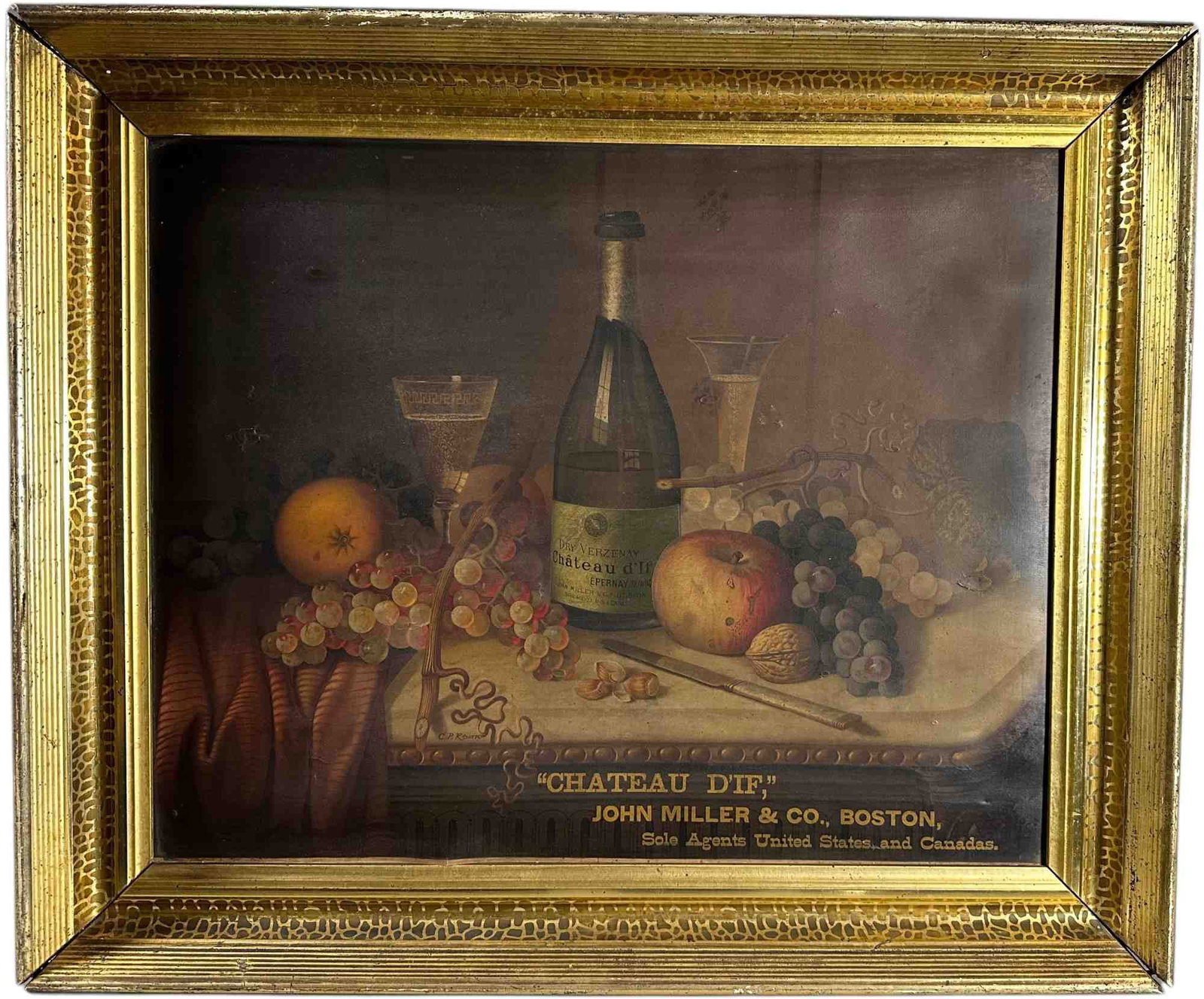 FRAMED DIF CHAMPAGNE SIGN ON CANVAS: 96. FRAMED DIF CHAMPAGNE SIGN ON CANVAS | 31" h. 26" w. | (Excellent Condition) with minor tear. | $200 - $400