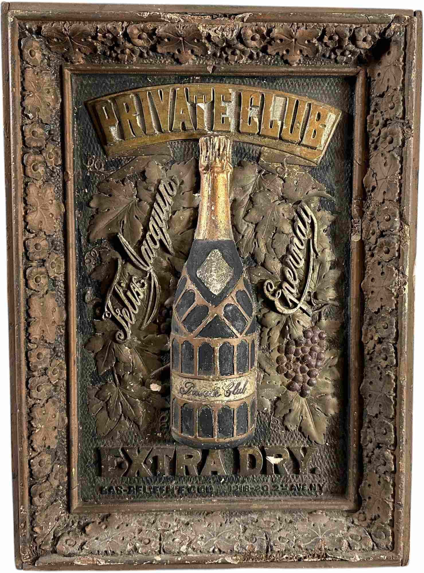 PRIVATE CLUB CHAMPAGNE MOLDED PLASTER SIGN: 97. PRIVATE CLUB CHAMPAGNE MOLDED PLASTER SIGN | 23" h. x 17" w. | Chipping to plaster, overall (Very Good Condition) | $200 - $400