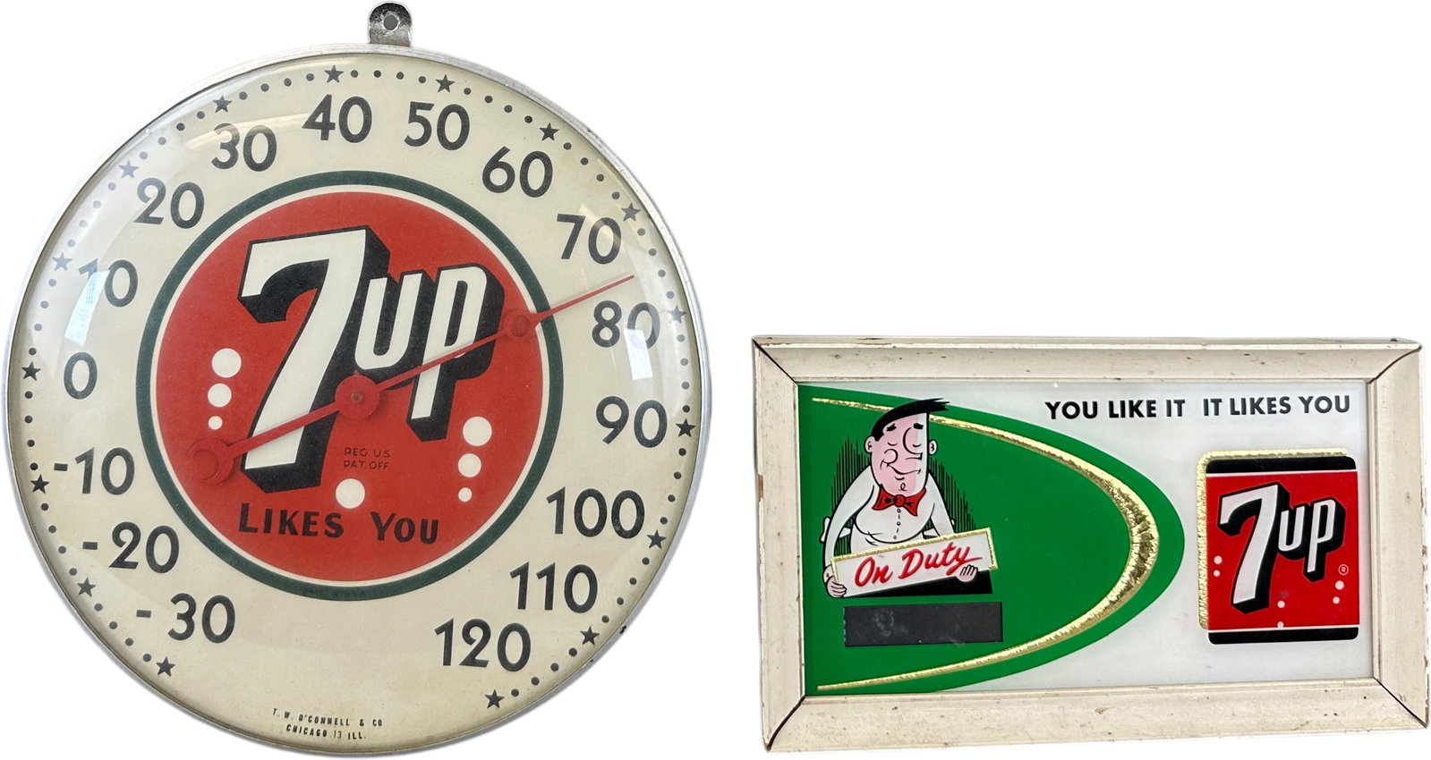 7UP ON DUTY SIGN & THERMOMETER: 102. 7UP ON DUTY SIGN & THERMOMETER | 12"dia. | (Excellent Condition) | $200 - $400